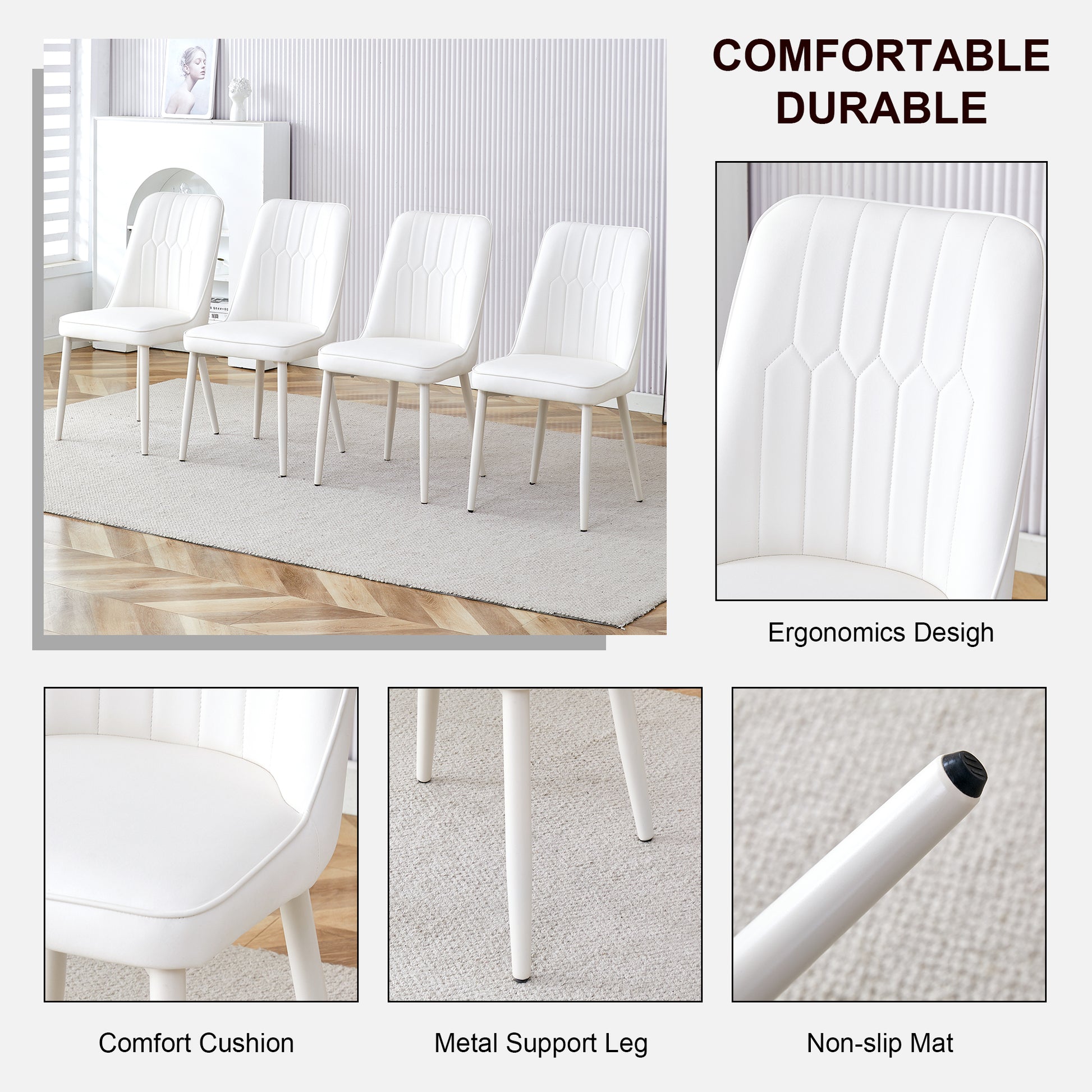 Table And Chair Set, Mdf Desktop, White Metal Table Legs, Stable And Beautiful, Suitable For Most Styles Of Home. Modern Simple Dining Table, Comfortable Seating. White Seats 4 Mdf