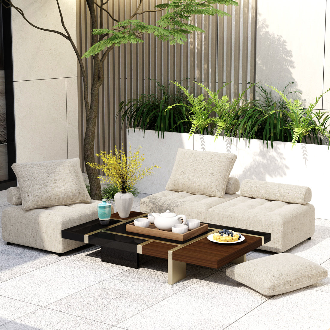 Outdoor Modular Sofa, With Aluminum Structure, Support Cushion And Back Cushion Cover Removable, Fade Resistant, Waterproof Sofa Cover Included,Light Brown The Ratebased On A Single Piece 5Unit Light Brown Aluminium 5 Seat
