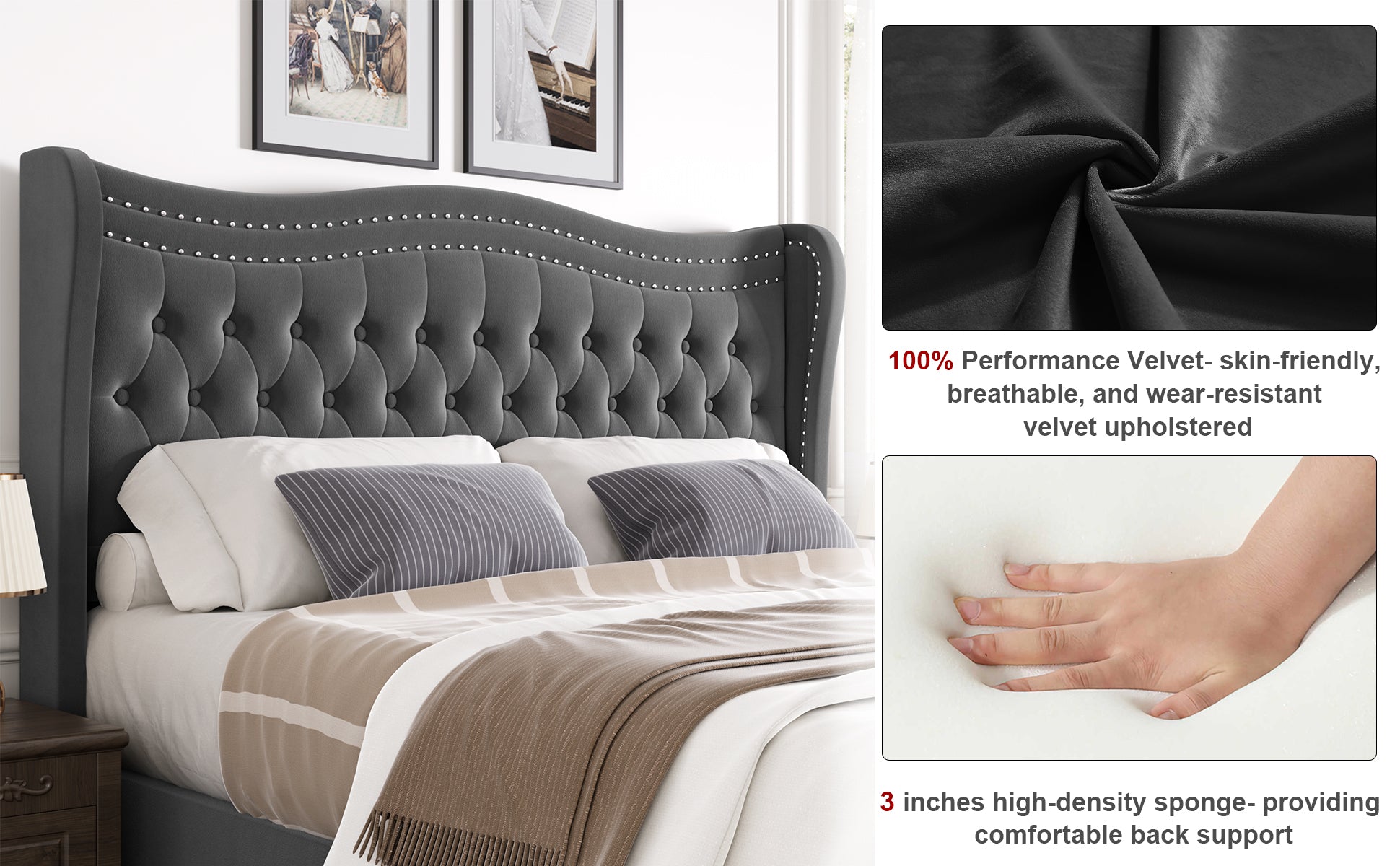 Lift Up Velvet Gray King Size Bed Box Spring Not Required King Gray Wood Light Brown Bedroom American Design Poplar Slat Beds Foam Velvet Upholstered