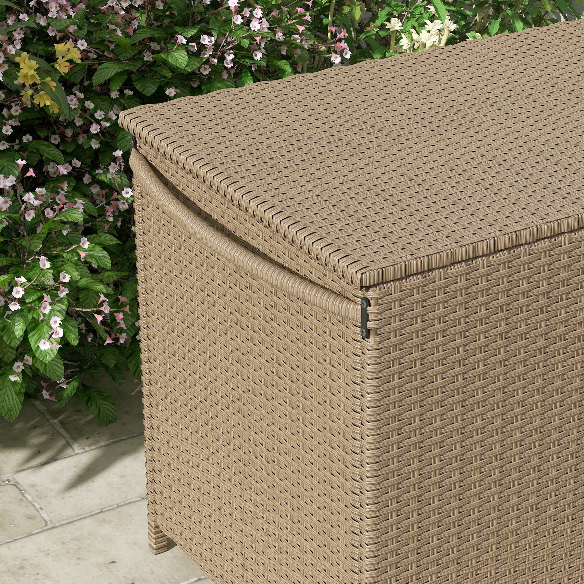 Outsunny 83 Gallon Deck Box, Large Outdoor Storage Chest, Pe Wicker Trunk For Outside On Wheels For Garden Tools, Pool Toys & Patio Furniture Cushions, Brown Brown Steel