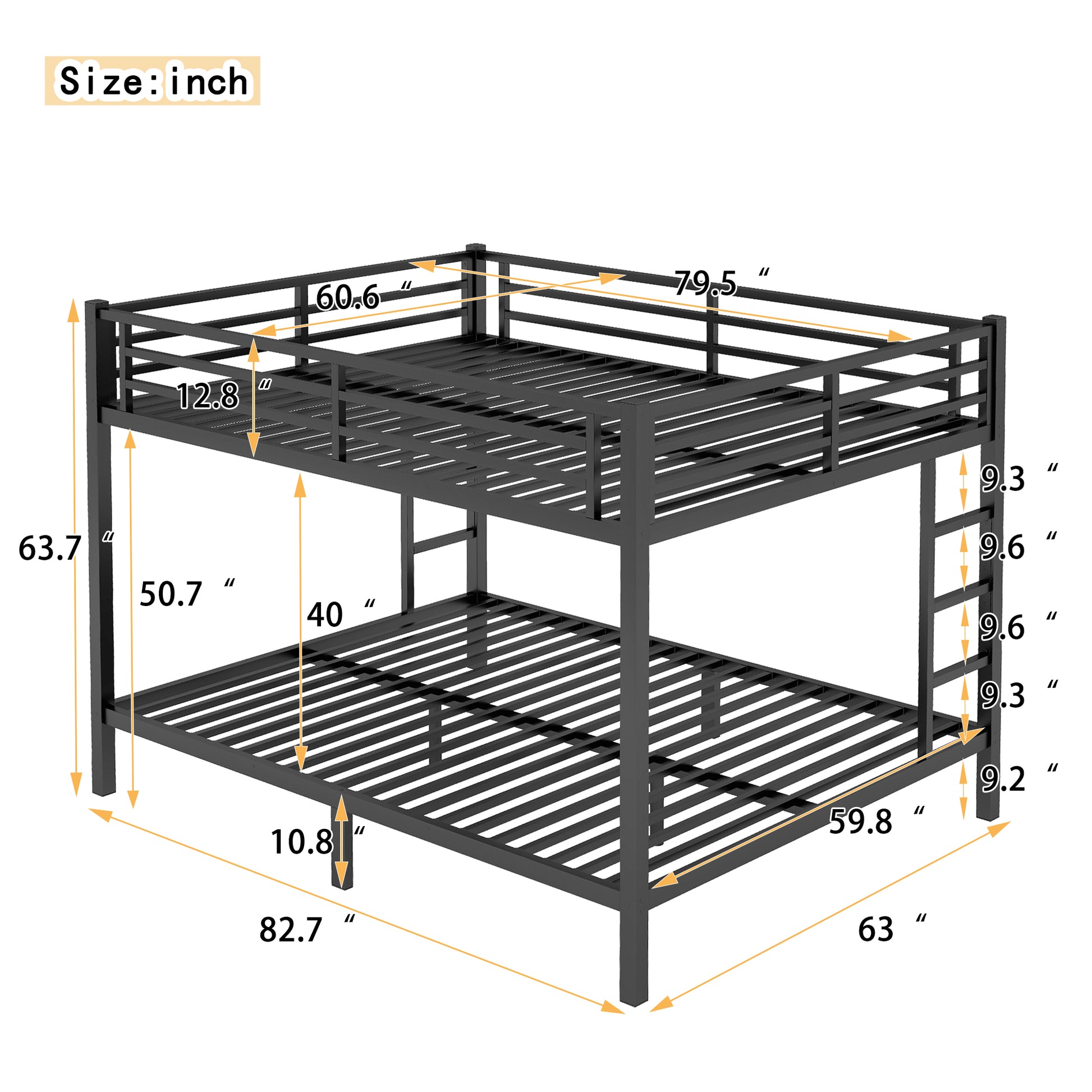 Metal Queen Over Queen Bunk Bed For Teens And Adults,Space Saving Noise Reduced No Box Spring Needed, Black Box Spring Not Required Queen Black Metal