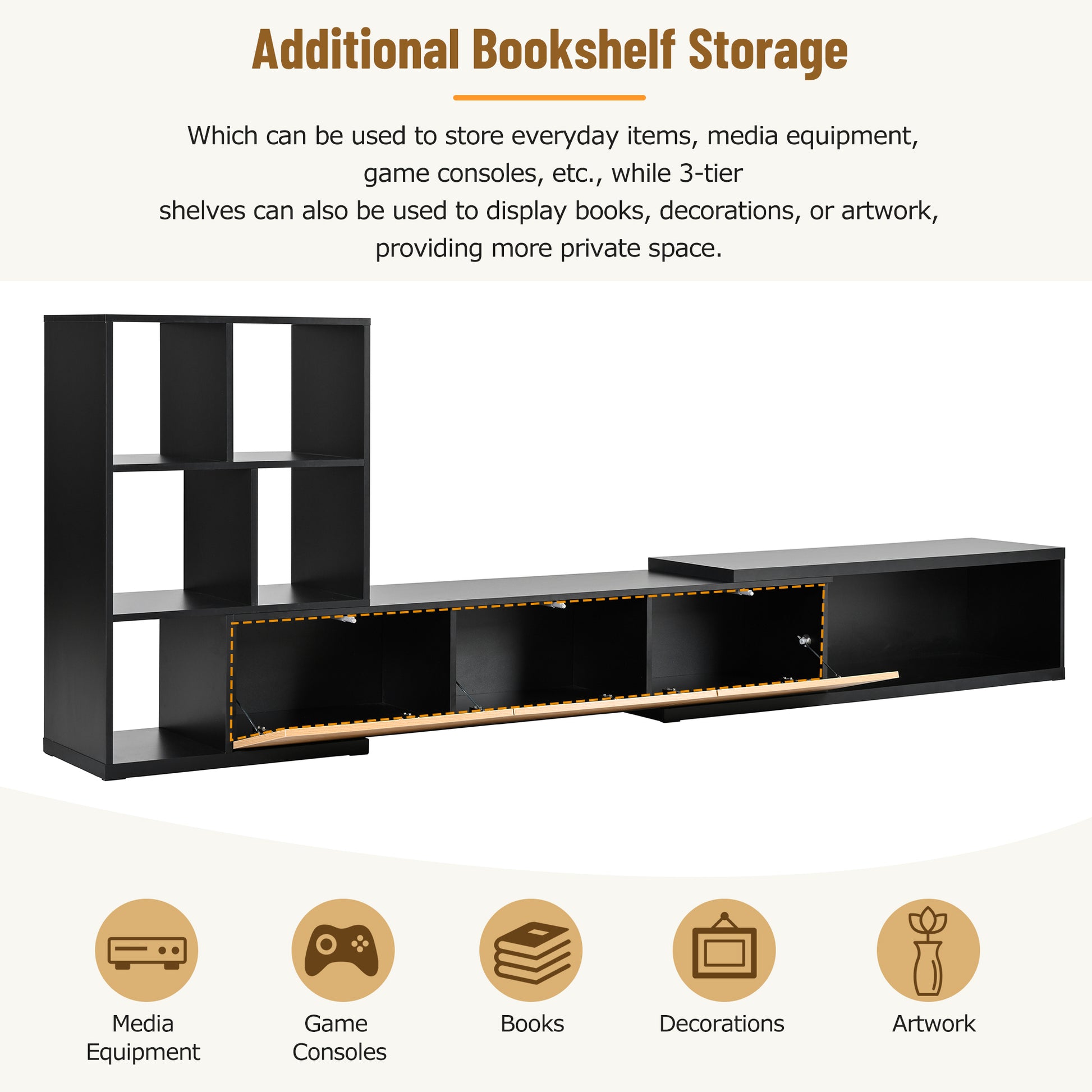 Extendable Tv Stand And Coffee Table, Set Of 2, Media Console With 3 Tier Bookshelves For Tvs Up To 110'', Dual Tone Center Table With Sliding Tabletop For Living Room, Black Black 90 Inches Or Larger Particle Board Mdf