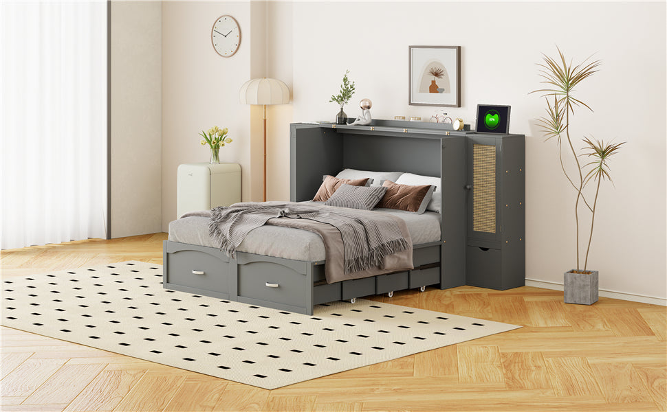 Full Size Murphy Bed Wall Bed With Drawer And Rattan Decoration With 2 Storage Cabinets, One Set Of Sockets & Usb Ports, Pulley Structure Design, Gray Full Gray Plywood