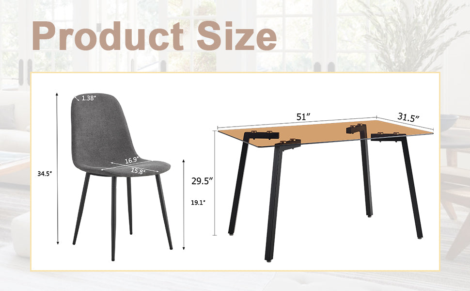 Table And Chair Set.Large Modern Rectangular Table With Brown Glass Top And Silver Metal Legs. Paired With 4 Dark Gray Chairs With Soft Linen Fabric Cushions And Black Metal Legs. Dark Gray,Silver Seats 4 Glass Metal