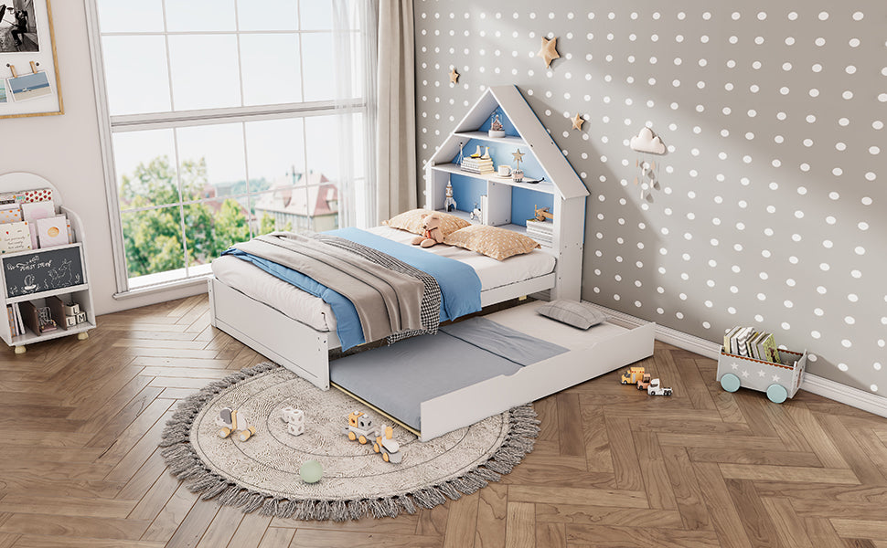 Full Size House Shaped Bed With Bookcase Headboard And Led Light And Twin Size Trundle For Kids Boys Girls, Blue White Box Spring Not Required Full White Blue Wood Bedroom Cute Bed Frame Wood