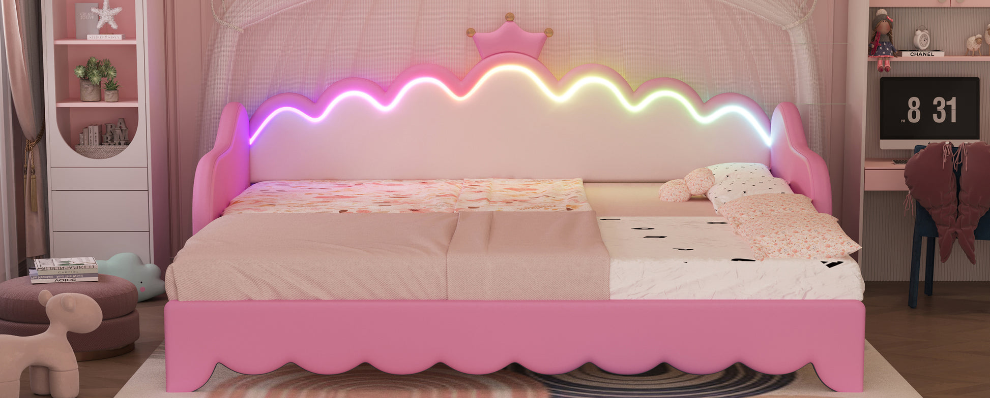 Twin Extending Daybed With Led Lights, Modern Upholstered Princess Daybed With Crown Headboard,Pink Twin Pink Wood