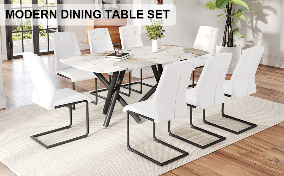 1 Table And 8 Chairs Set.A Rectangular Dining Table With A 0.39 Inch Imitation Marble Tabletop And Black Metal Legs.Paired With 8 Chairs With Pu Leather Seat Cushion And Black Metal Legs.F 1538,C