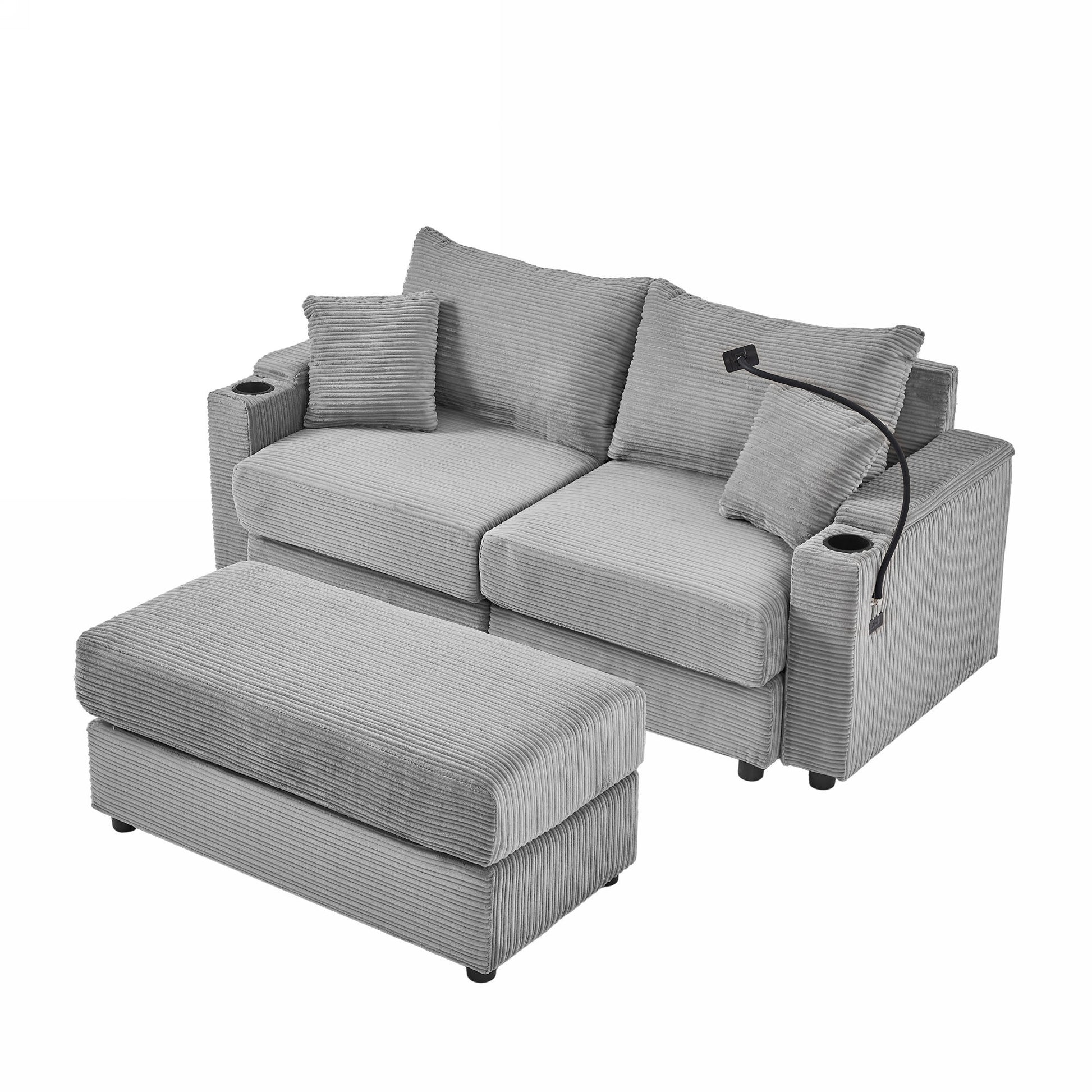 72.8" Modern Style Loveseat Sofa Sectional Sofa Couch With Storage Space, A Movable Ottoman, Two Usb Ports, Two Cup Holders, A Phone Holder For Living Room, Gray Gray Foam Corduroy 3 Seat