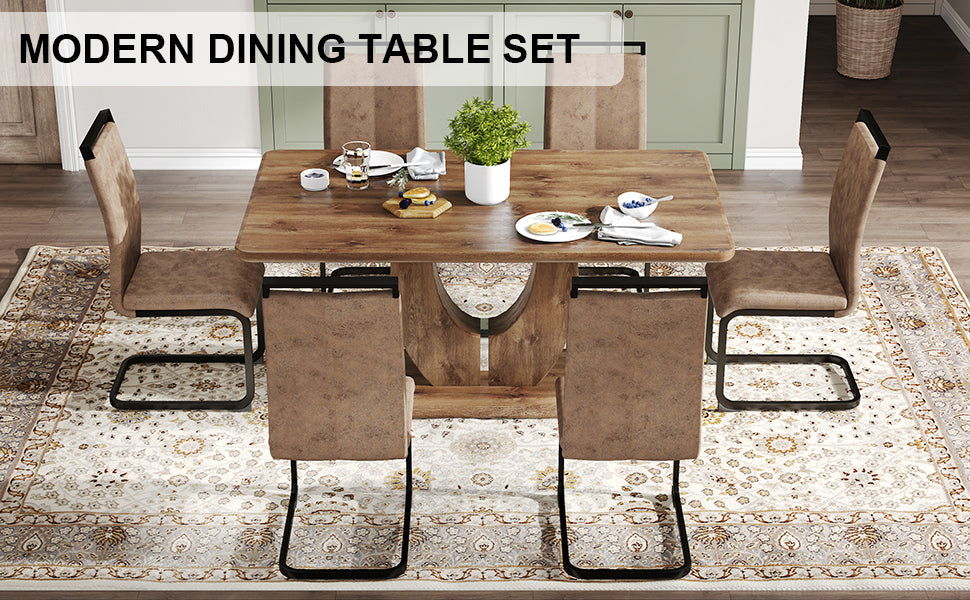 Table And Chair Set.Mdf Rectangular Dining Table, 6 Chairs With Technology Cloth High Back Upholstered Side Chair With C Shaped Metal Legs.Suitable For Restaurants, Living Rooms, Kitchen Brown Seats 6 Mdf Metal