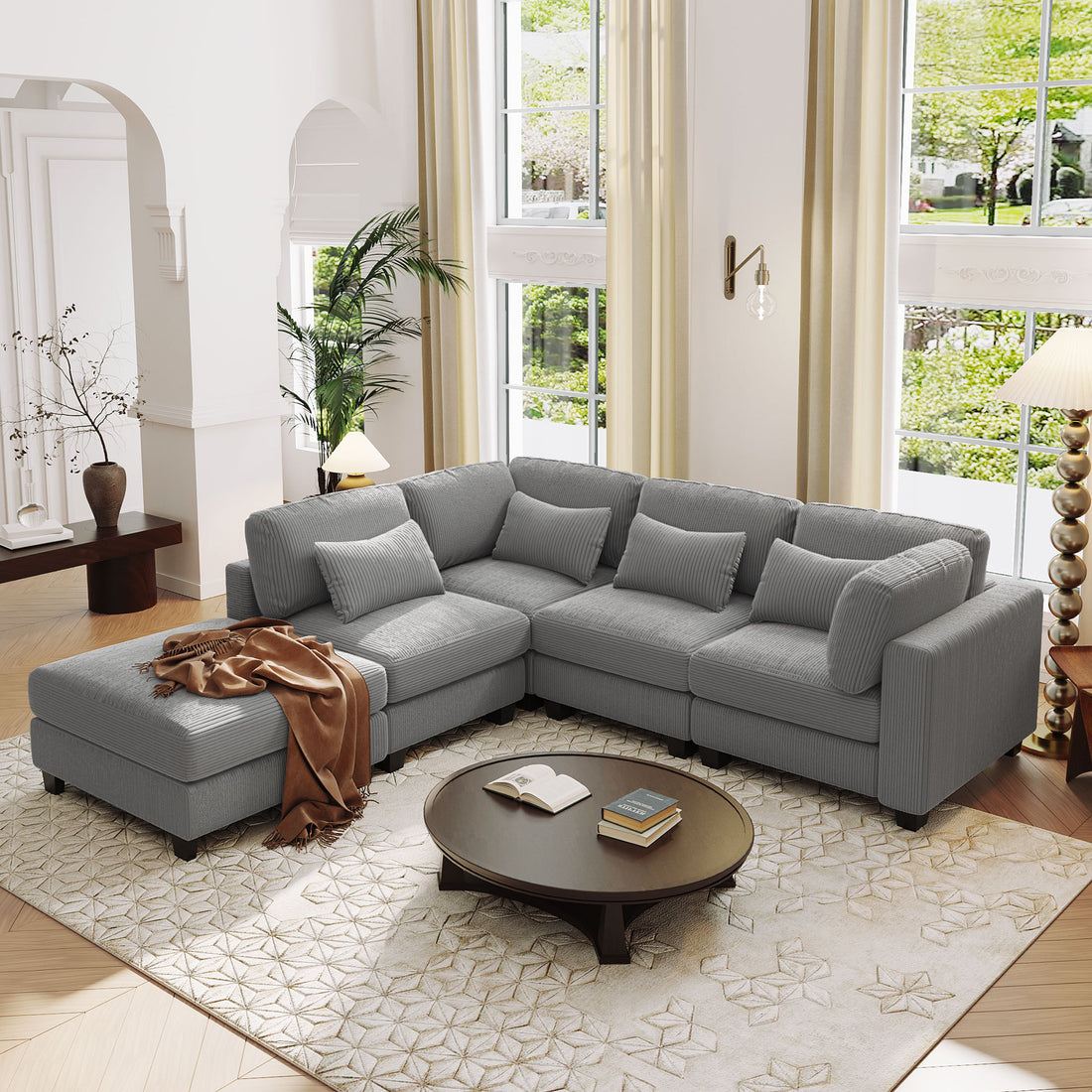 5 Pieces L Shaped Sofa With Removable Ottomans And Comfortable Waist Pillows Grey Polyester 5 Seat