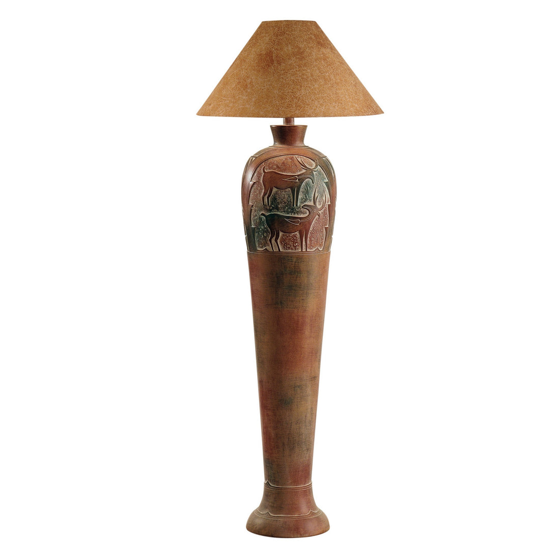 Siya 62 Inch Elongated Floor Lamp, Extra Tall, Deer Carvings, Brown, Black Black Brown Fabric