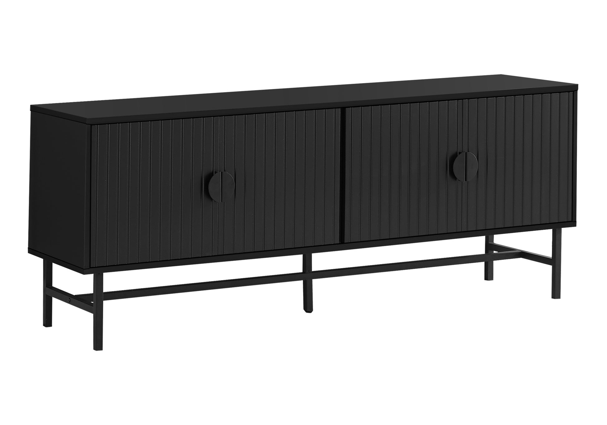 Tv Stand, 60 Inch, Console, Media Entertainment Center, Storage Cabinet, Living Room, Bedroom, Black Laminate, Black Metal, Contemporary, Modern Black 80 89 Inches Particle Board