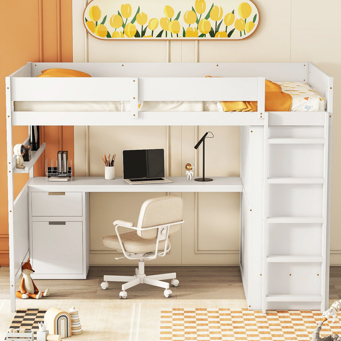 Full Size Wooden Loft Bed With Wardrobe, Desk, Drawers, Shelves, White Full White Plywood