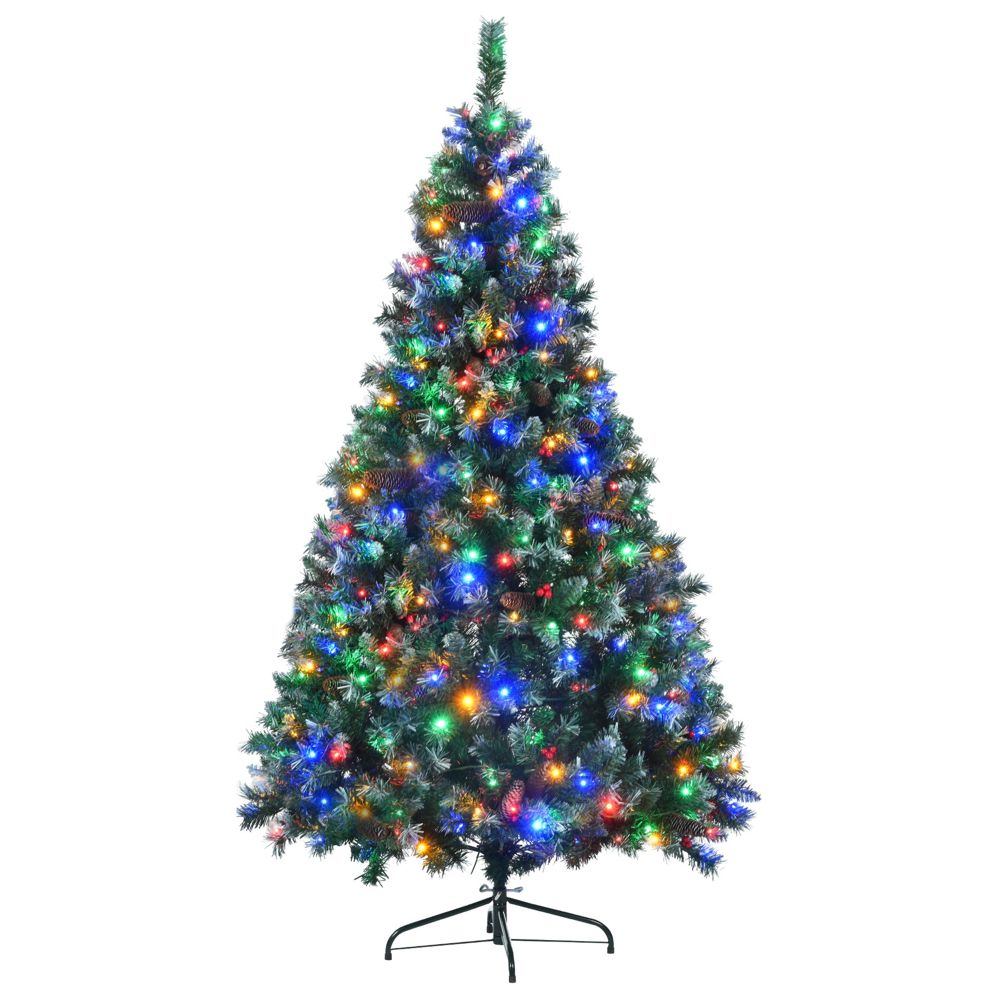 6Ft Dark Green Pine Christmas Tree, Pre Lit Set With Tree & Garland & Wreath, Hinged Artificial Xmas Tree With White Tips, Red Berries And Pine Cones, 11 Colorful Modes, Indoor Holiday Decoration Green Pvc