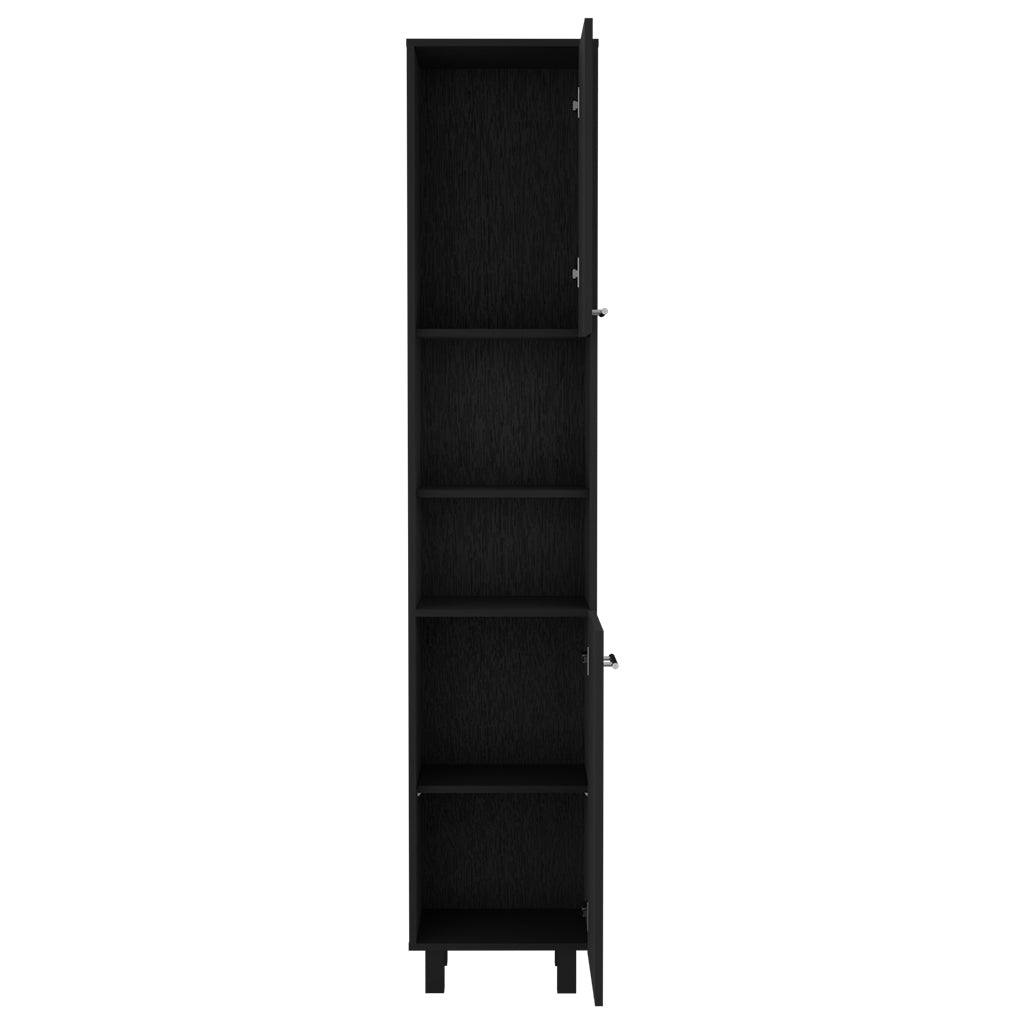 Kitchen Pantry 79" H, Two Open Storage Shelves, Three Internal Shelves, Two Doors, Four Legs, Black Black Particle Board Particle Board