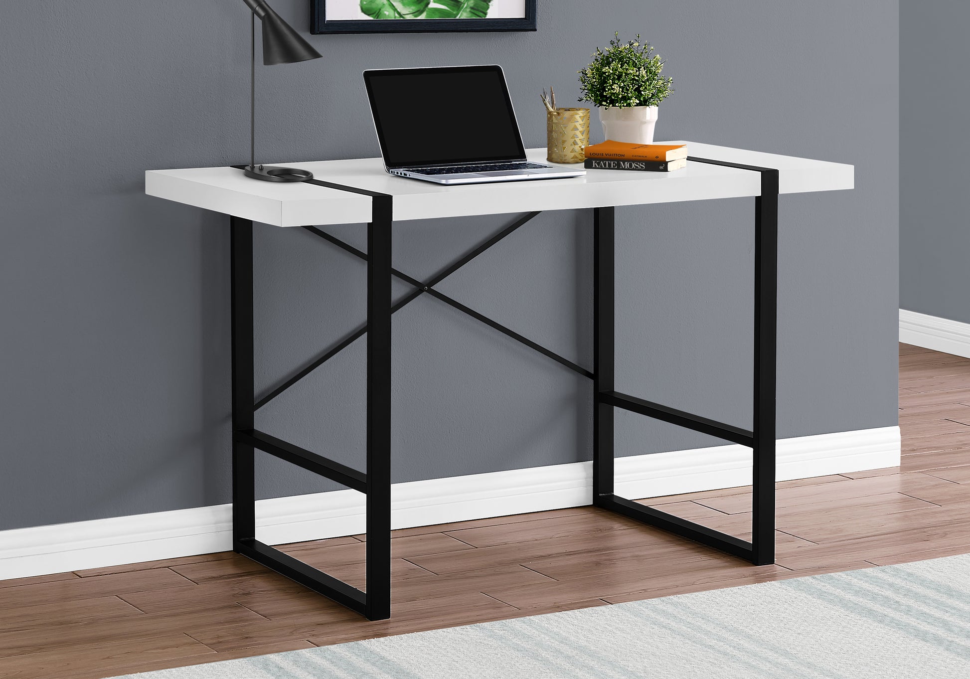 Computer Desk, Home Office, Laptop, 48"L, Work, White Laminate, Black Metal, Contemporary, Modern White Particle Board