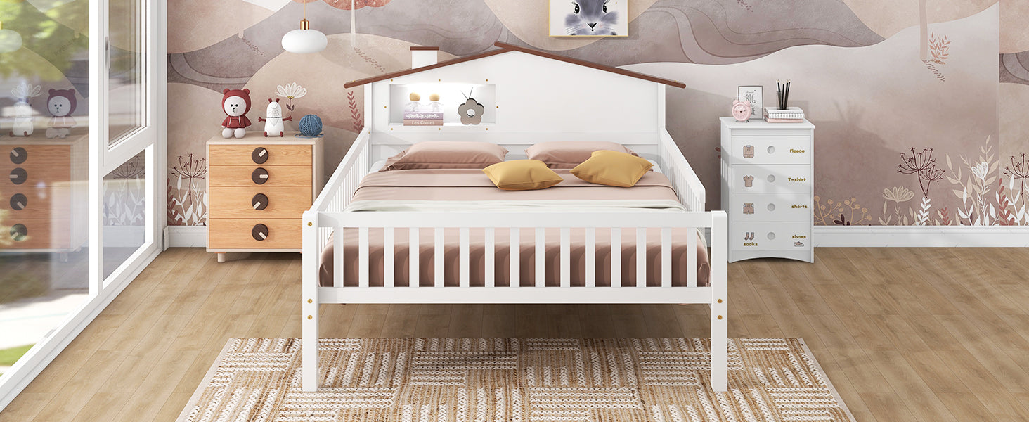 Full Size Wood Platform Bed With House Shaped Headboard, Led And Built In Storage, White Box Spring Not Required Full White Wood Bedroom Bed Frame Wood