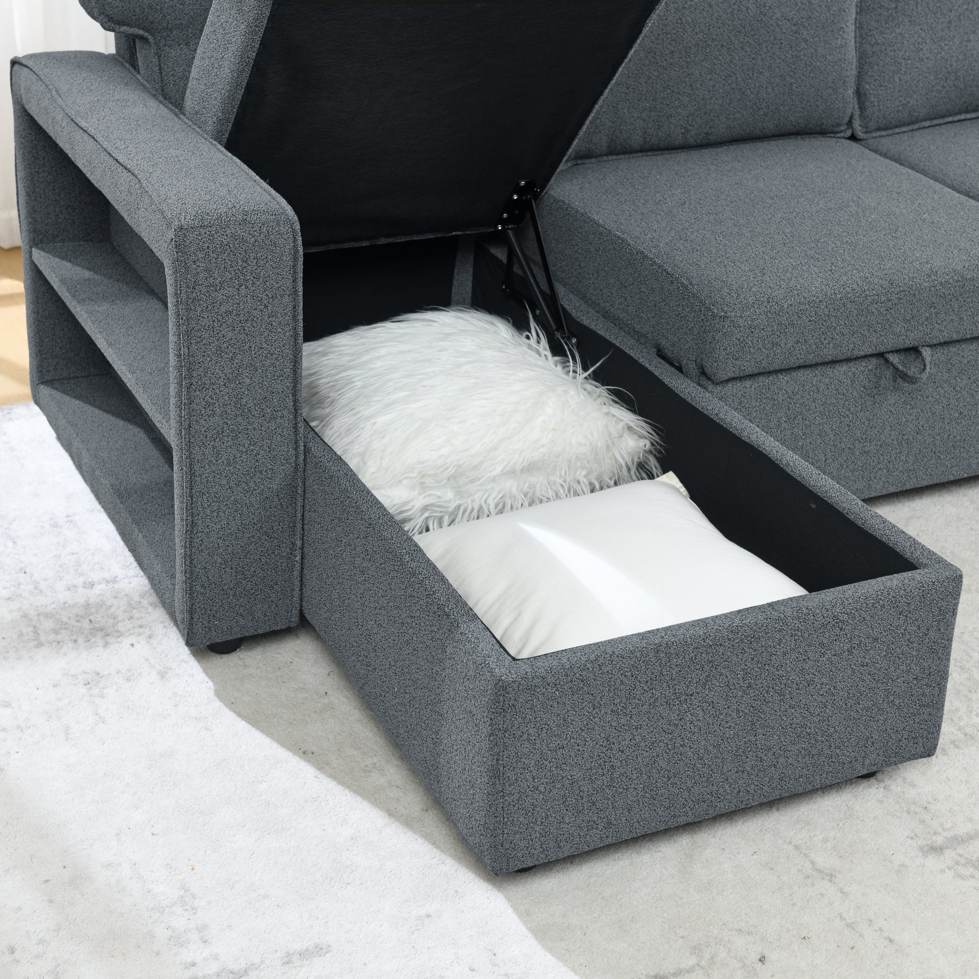 Linen Upholstered Sleeper Sectional Sofa, Shaped Modular Convertible Sofa With Storage Chaise,There Are Two Cup Holders In The Middle And Usb Multi Interface Function,Pull Out Sleep Couch Bed ,Grey