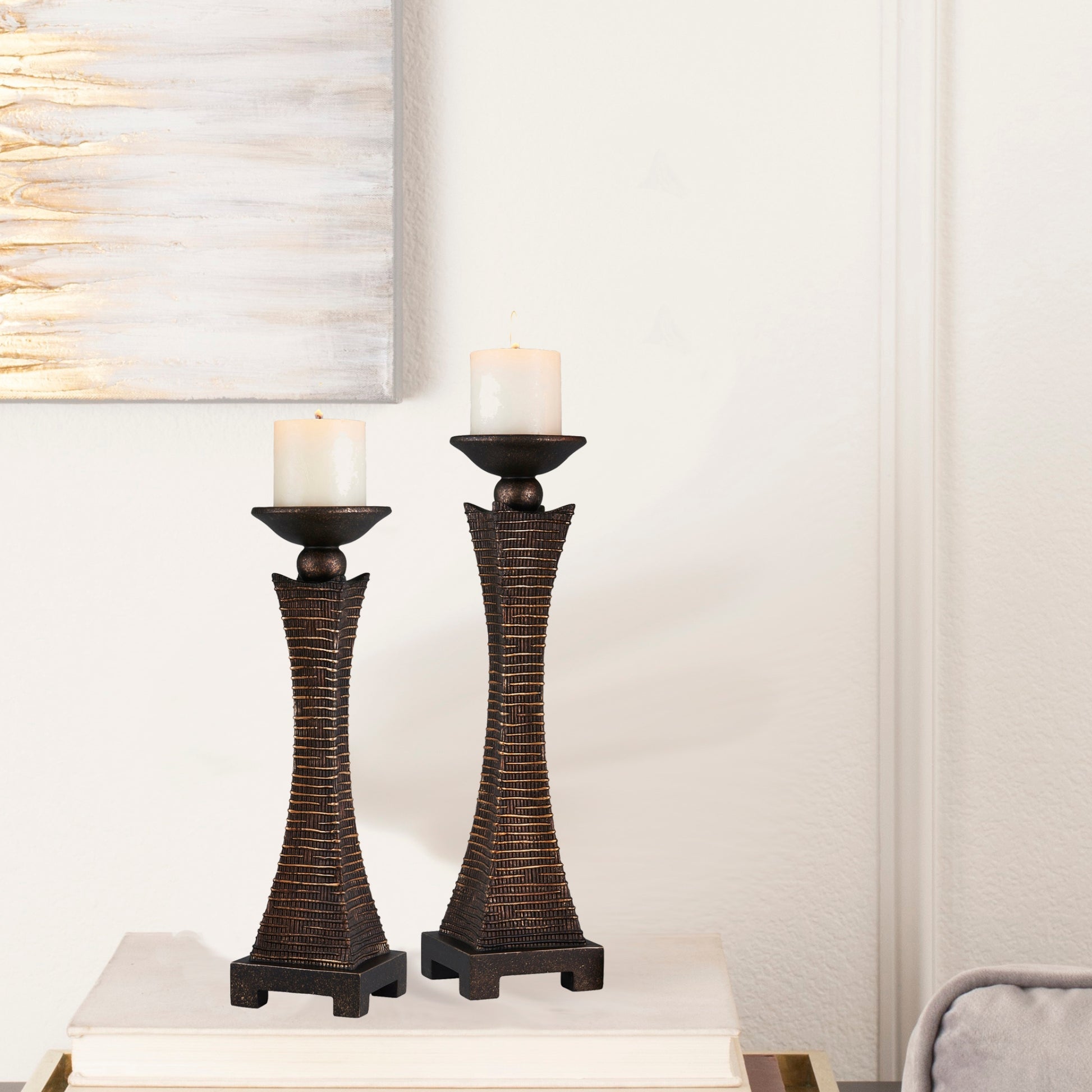 15.75" And 17.5" Tall "Kayan" Candleholder, Bronze Rustic Finish Set Of 2 Bronze Polyresin