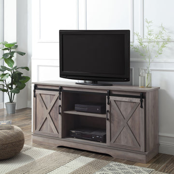 Grey Tv Stand With 2 Sliding Barn Doors Grey Primary Living Space 60 69 Inches Rustic Wood Metal