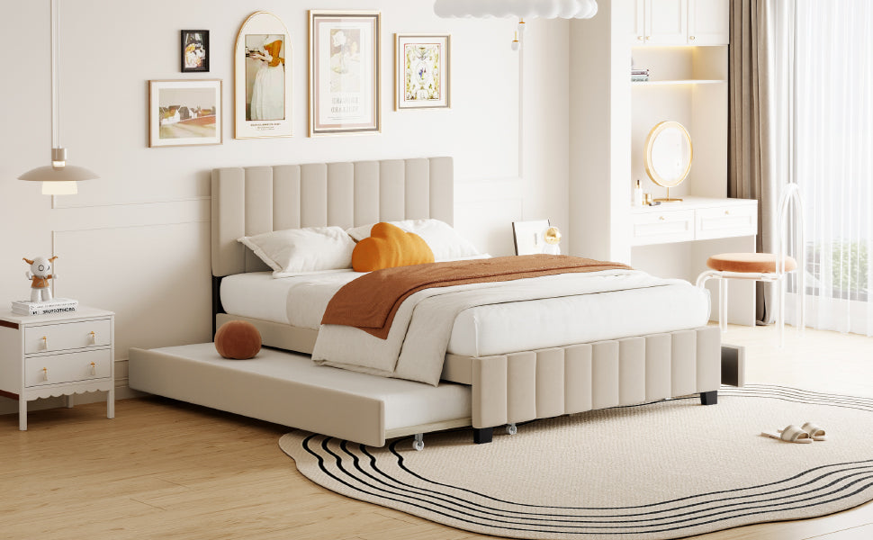 Queen Size Velvet Upholstered Platform Bed With 2 Drawers And 1 Twin Xl Trundle Beige Queen Beige Upholstered