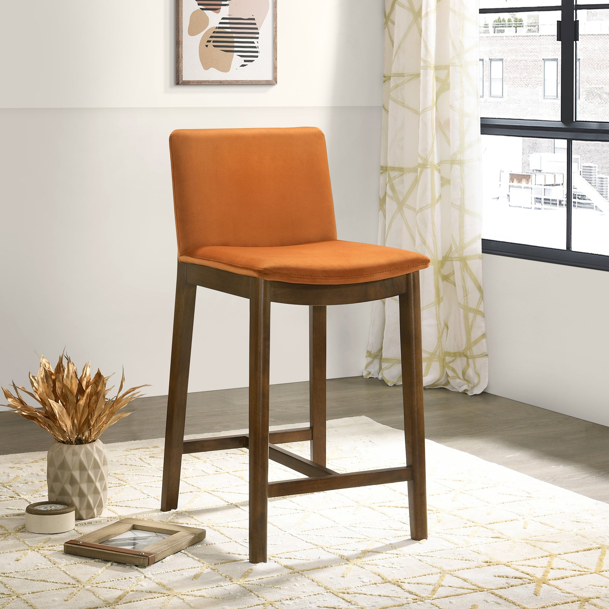 Shannon Counter Chair In Burnt Orange Velvet Solid Brown,Burnt Orange Dining Room Wipe Clean Bar Stools Solid Wood,Velvet