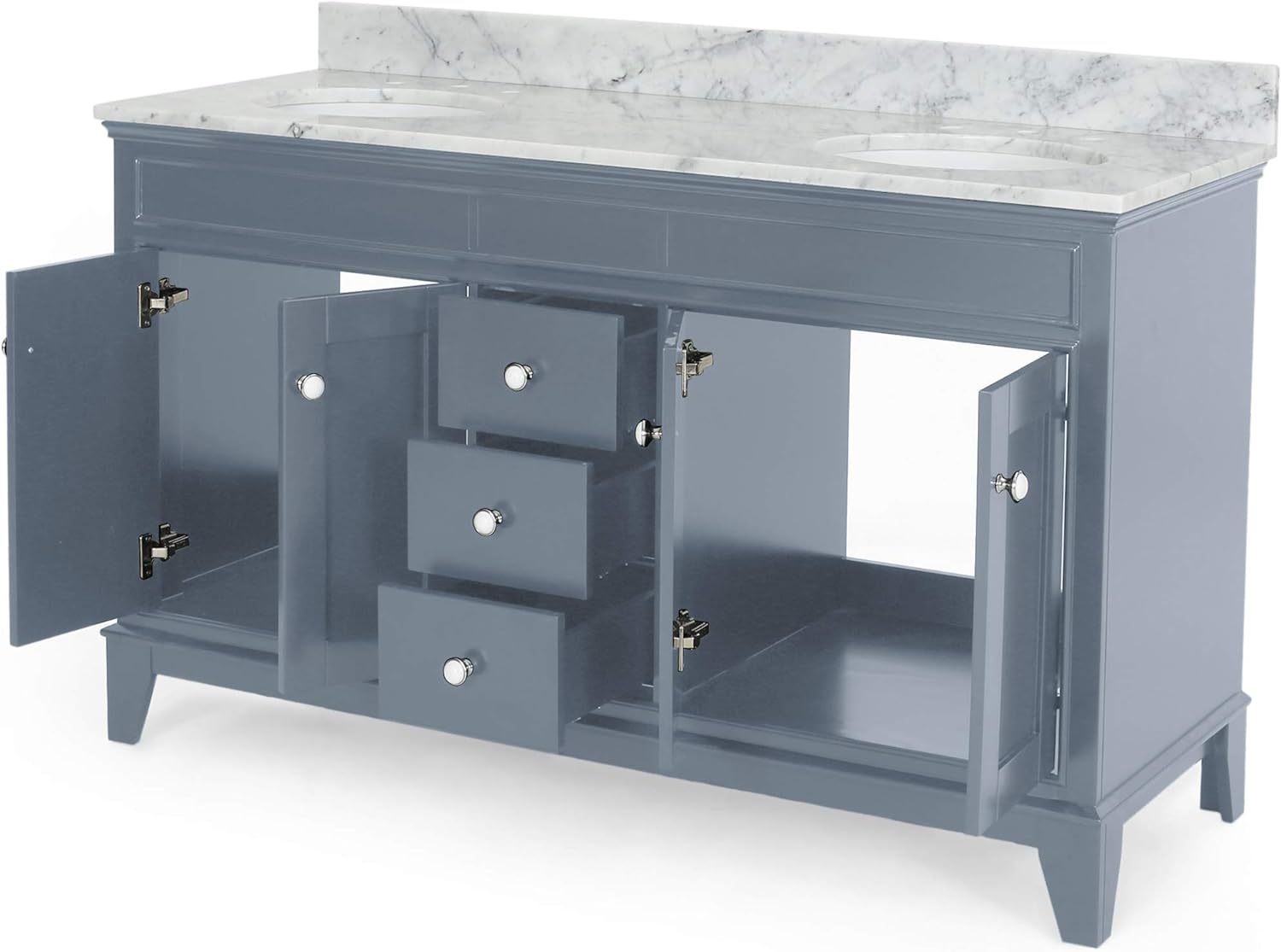 61'' Bathroom Vanity With Marble Top & Double Ceramic Sinks, 3 Drawers, 4 Doors, Gray Gray Plywood