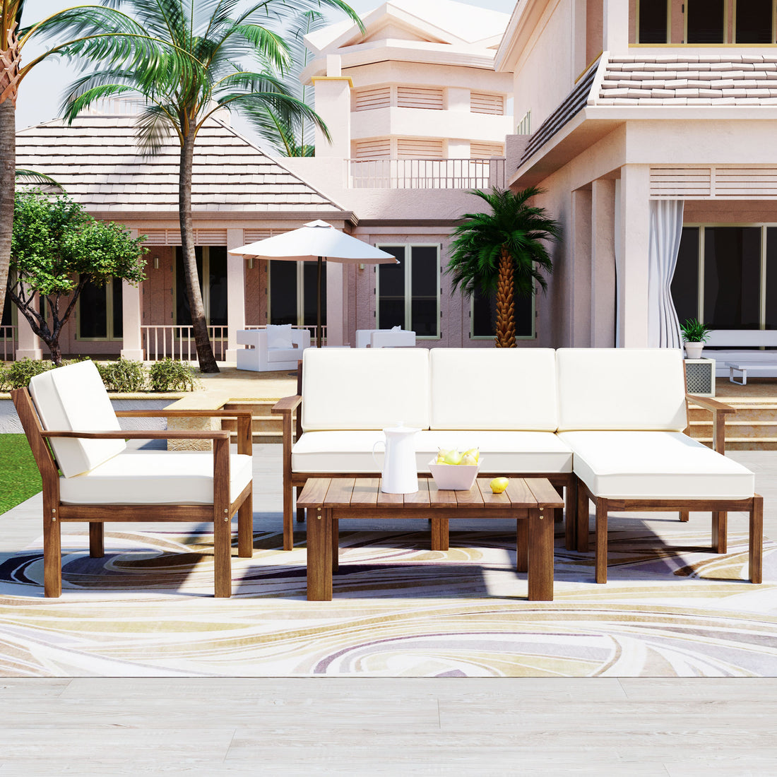 Multi Person Sofa Set With A Small Table, Suitable For Gardens, Backyards, And Balconies. Beige Acacia Wood