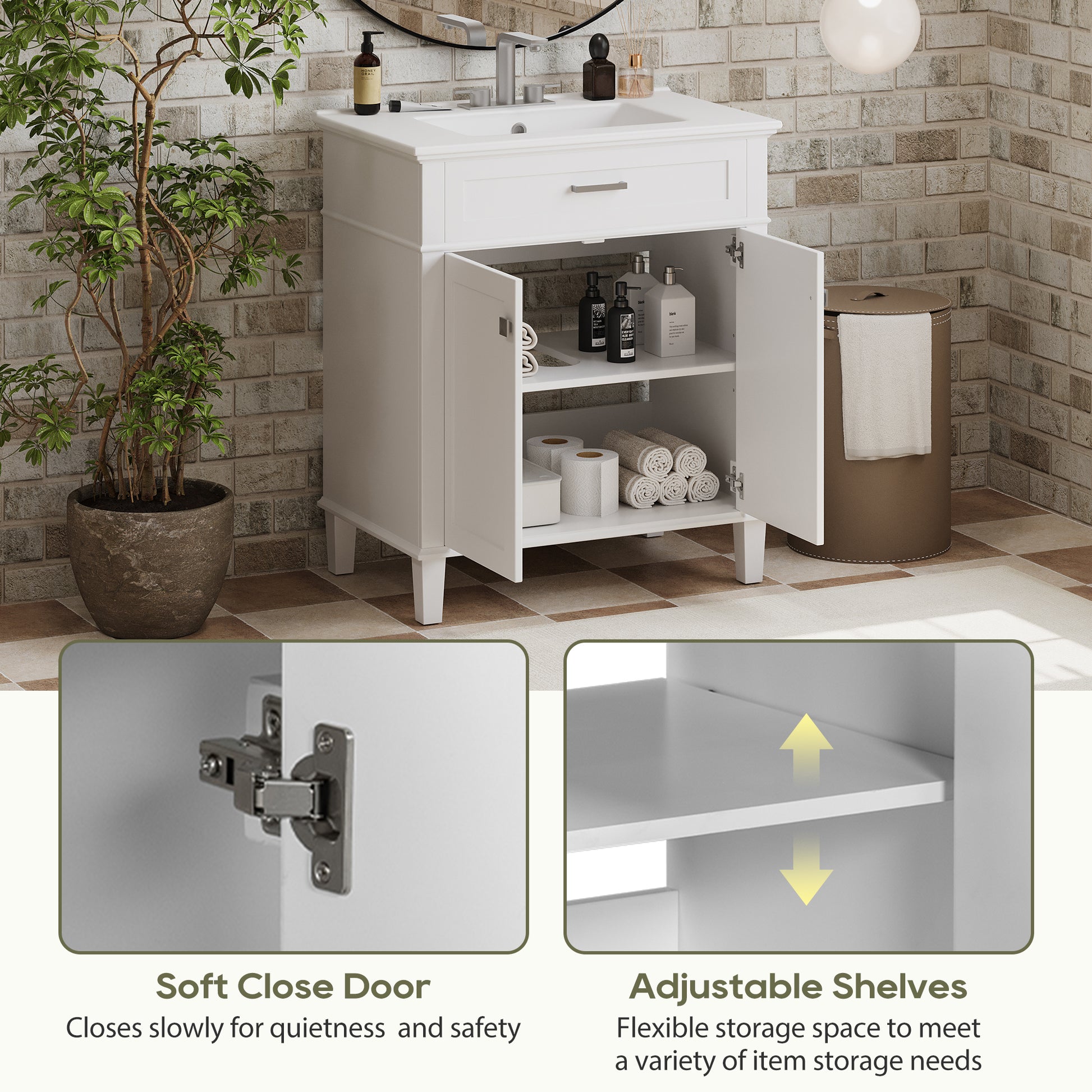 30 Inch Bathroom Vanity With Ceramic Basin, Soft Close Door And Adjustable Shelves White Bathroom Solid Wood Mdf