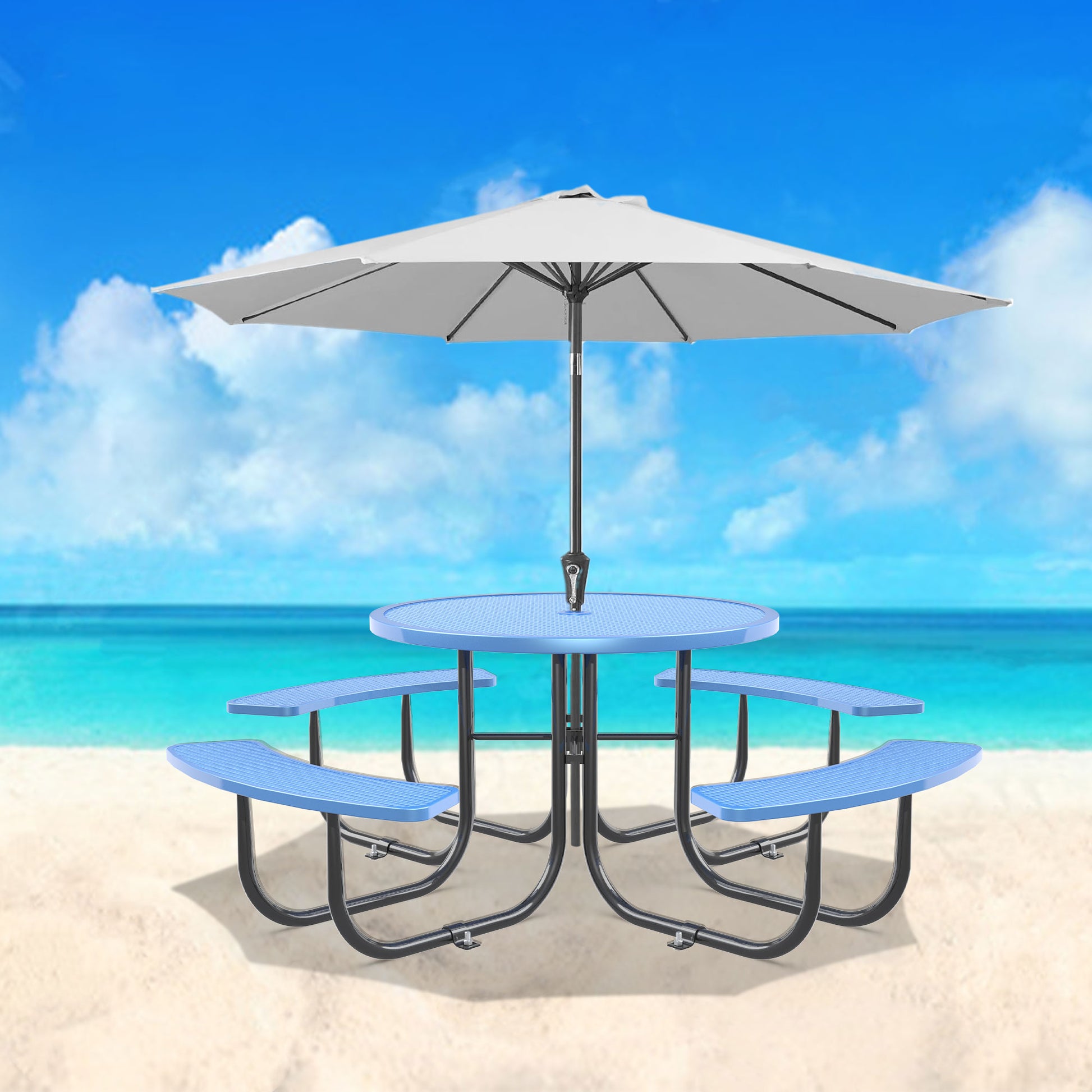 Round Outdoor Steel Picnic Table 46" With Umbrella Pole,Blue Blue Steel Steel