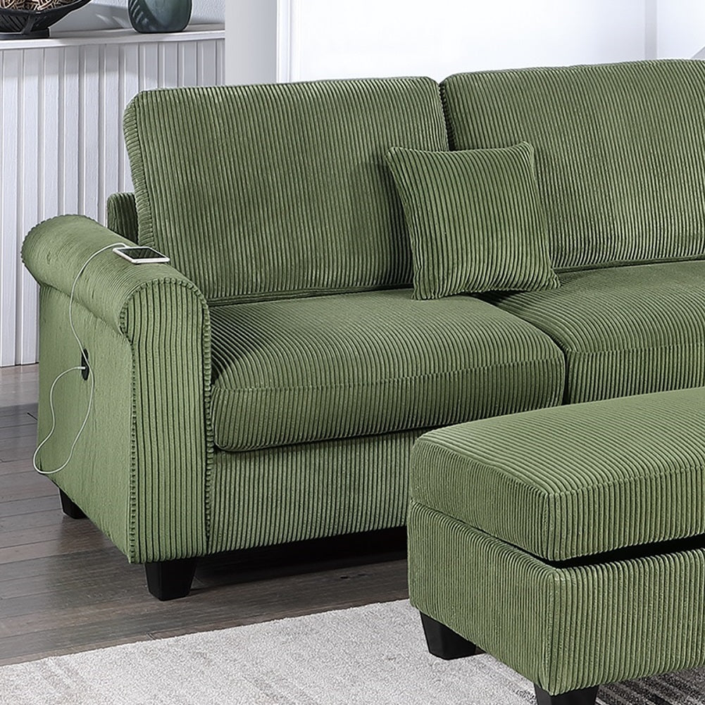 Gorgeous Sage Color 3Pc Sectional Set Corduroy Upholstered Laf Sofa Raf Chaise Ottoman L Sectional Living Room Furniture Sage Primary Living Space Cushion Back Contemporary,Modern L Shaped Rubberwood Rolled Arms Corduroy 6 Seat