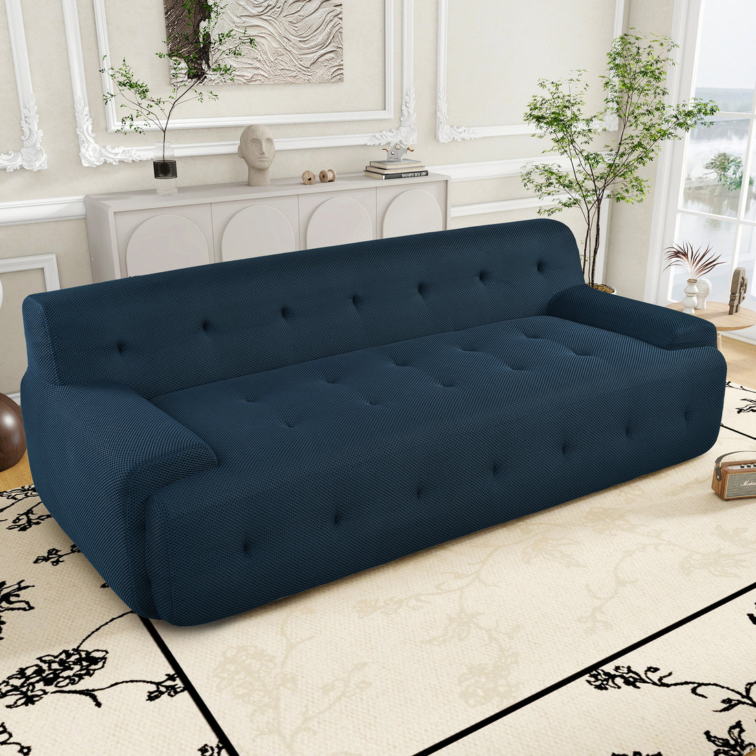 86.2'' Modern Minimalist Style Tufted Design Upholstered Sofa, 3 Seat Compression Sofa For Living Room, Bedroom, And Apartment Dark Blue Polyester 3 Seat