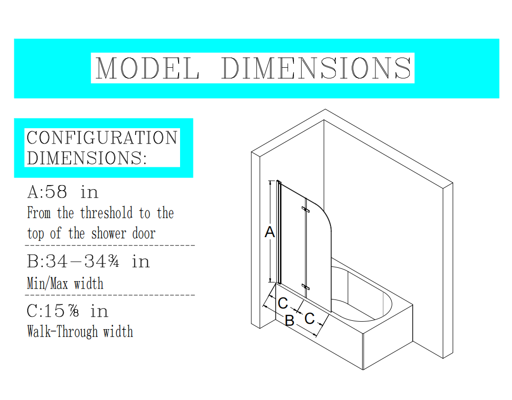 34" W X 58" H Frameless Folding Pivot Bathtub Door, 1 4" 6Mm Thick Sgcc Clear Tempered Glass Door, Bathroom Pivot Bifold Shower Tub Door Panel, Reversible Installation, Matte Black Finish Black Glass Metal