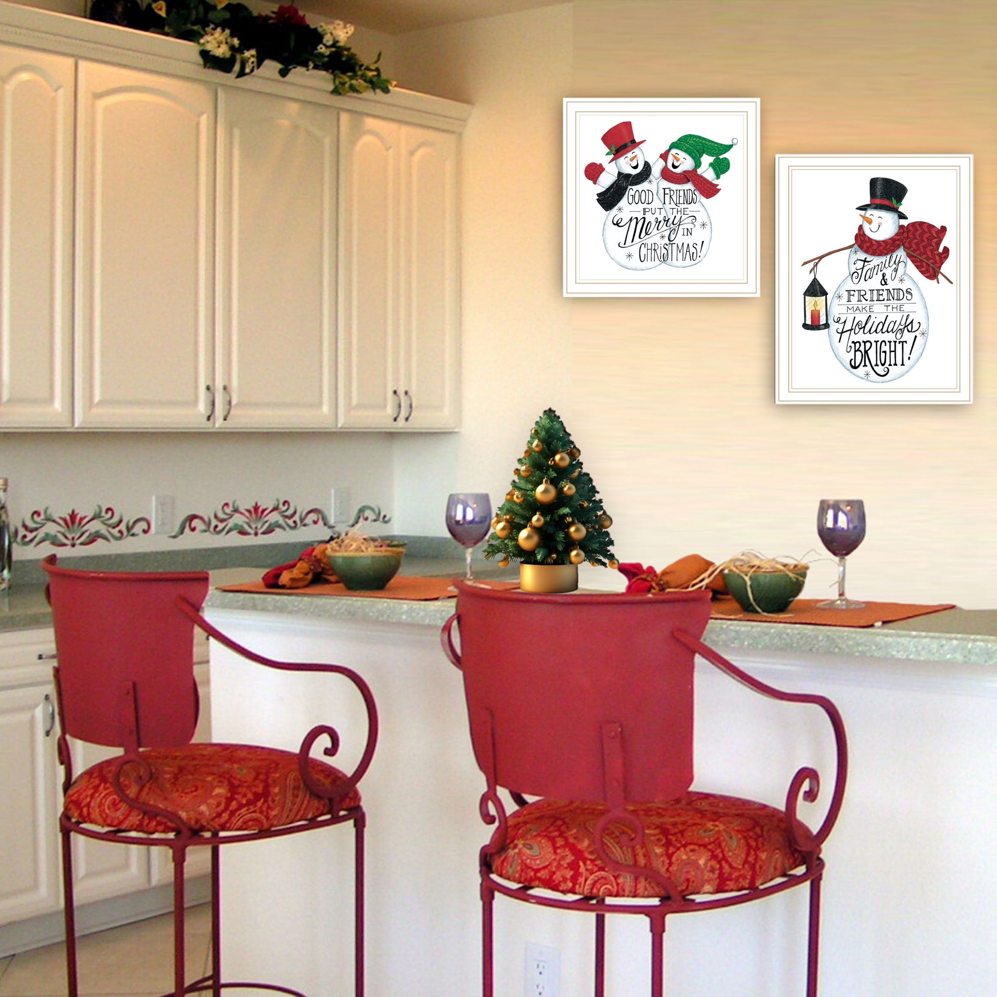 2 Piece Vignette Good Friends Snowman White Framed Wall Art For Living Room, Bedroom Wall Art Print For Home Decor By Deb Strain Multicolor Wood Paper