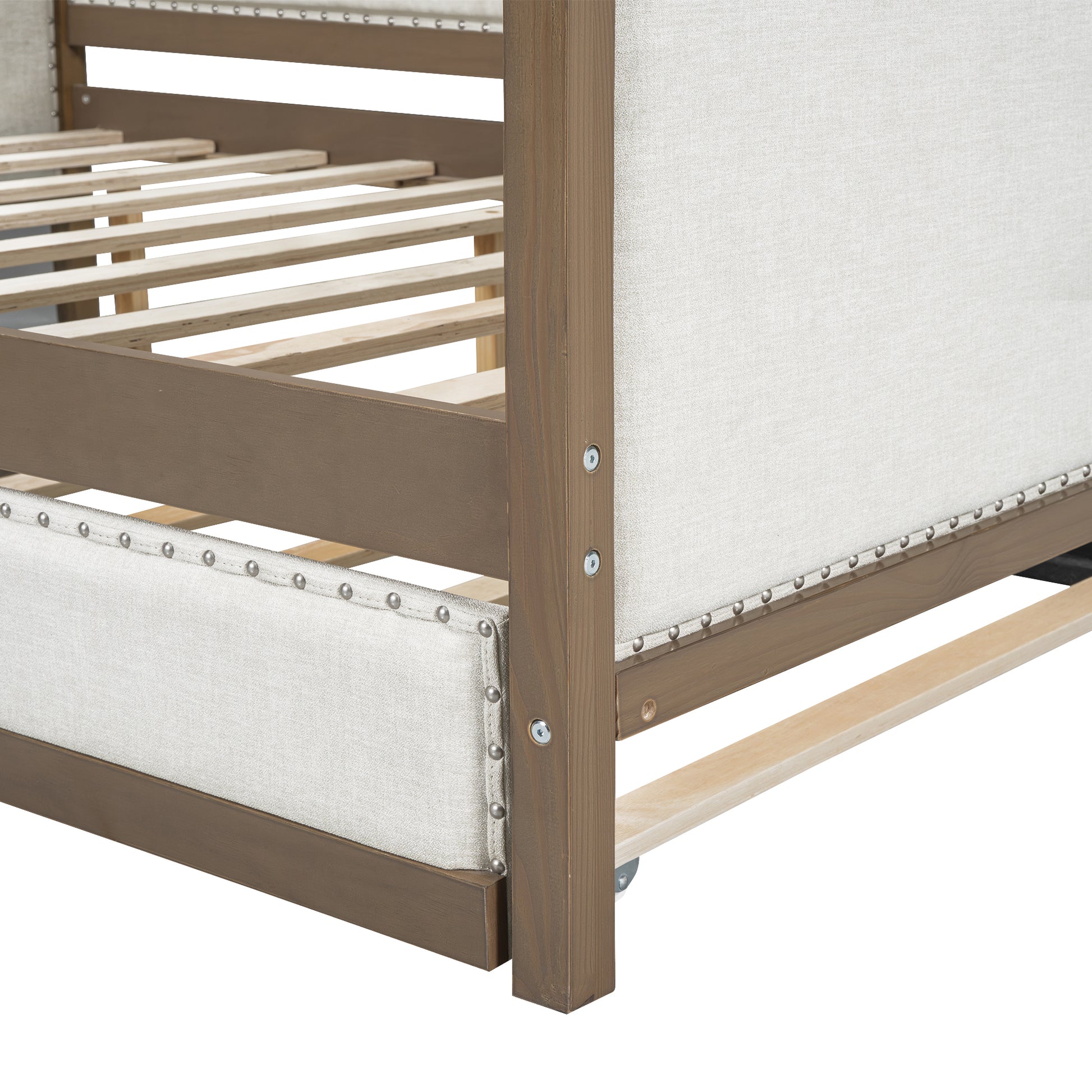 Full Size Upholstered Daybed With Trundle And Decoration, Wood Color Box Spring Not Required Full Wood Wood Daybeds Linen Upholstered