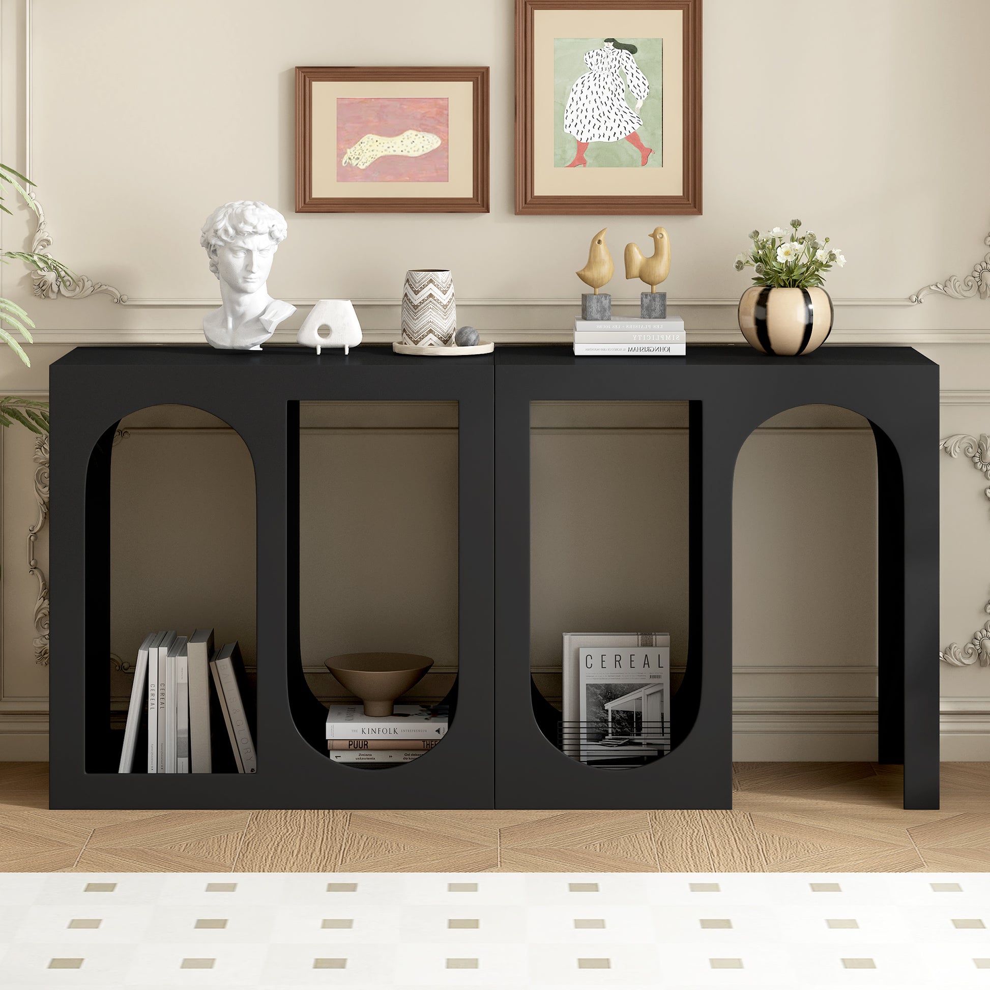 Modular Entryway Console Table With Rectangular Exterior And Curved Interior Design For Customizable Arrangements,Suitable For Study,Entrance And Living Room Black Primary Living Space American