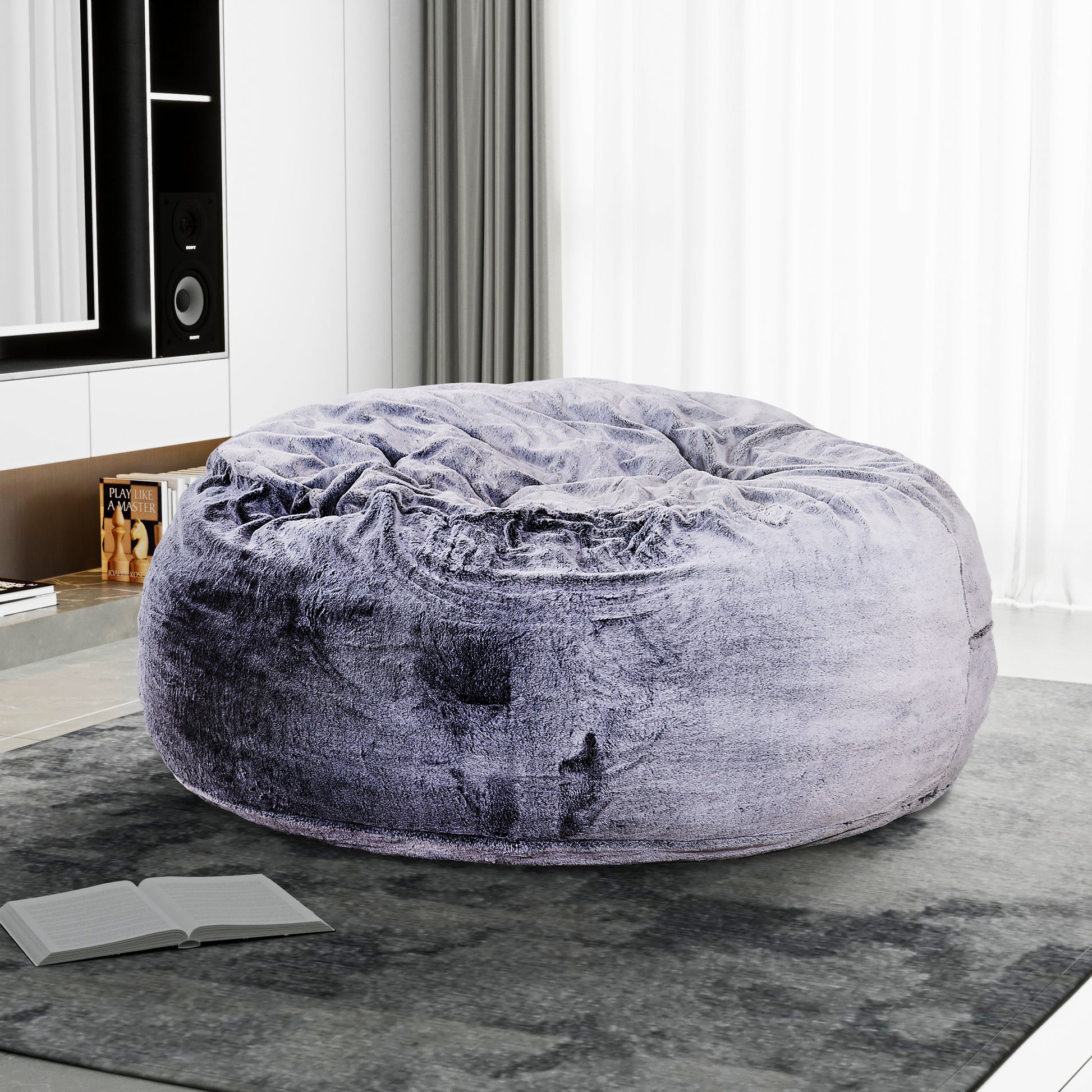Classic 5Ft Faux Fur Memory Foam Bean Bag, Living Room Lounger, Soft Comfortable Bean Bag Chair, Purple Purple Polyester Primary Living Space Soft Backless Classic,Traditional Armless Memory Foam Polyester
