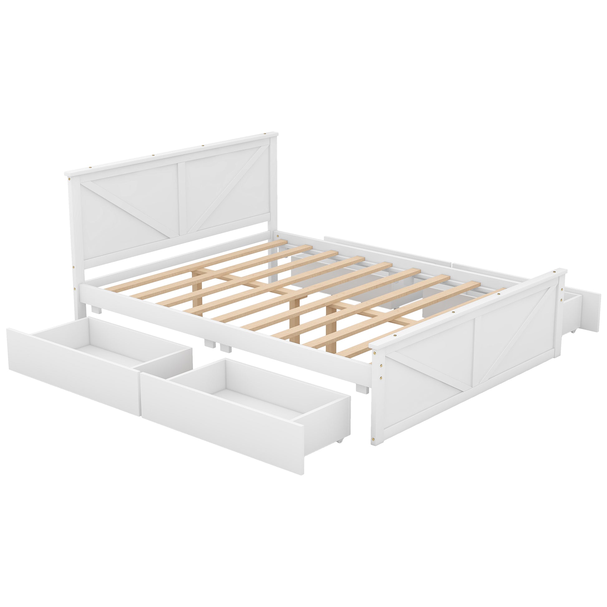 Queen Size Wooden Platform Bed With Four Storage Drawers And Support Legs, White Queen Antique White Pine