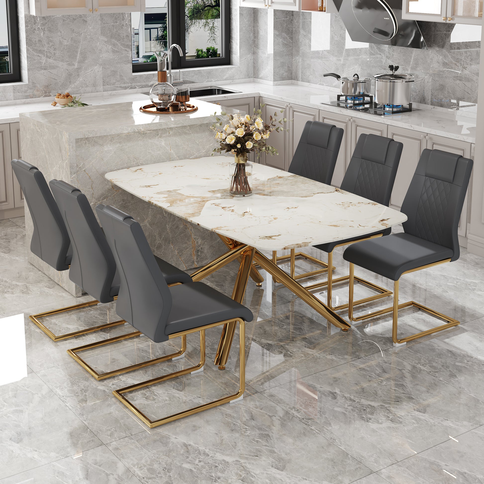 Table And Chair Set.Modern Luxurious Tempered Glass Dining Table Set With 6 Gold Metal Legs And Pu Chairs.White Marble Patterned Sticker Tabletop,Dark Gray Chairs With Gold Metal Legs. Gold,Gray