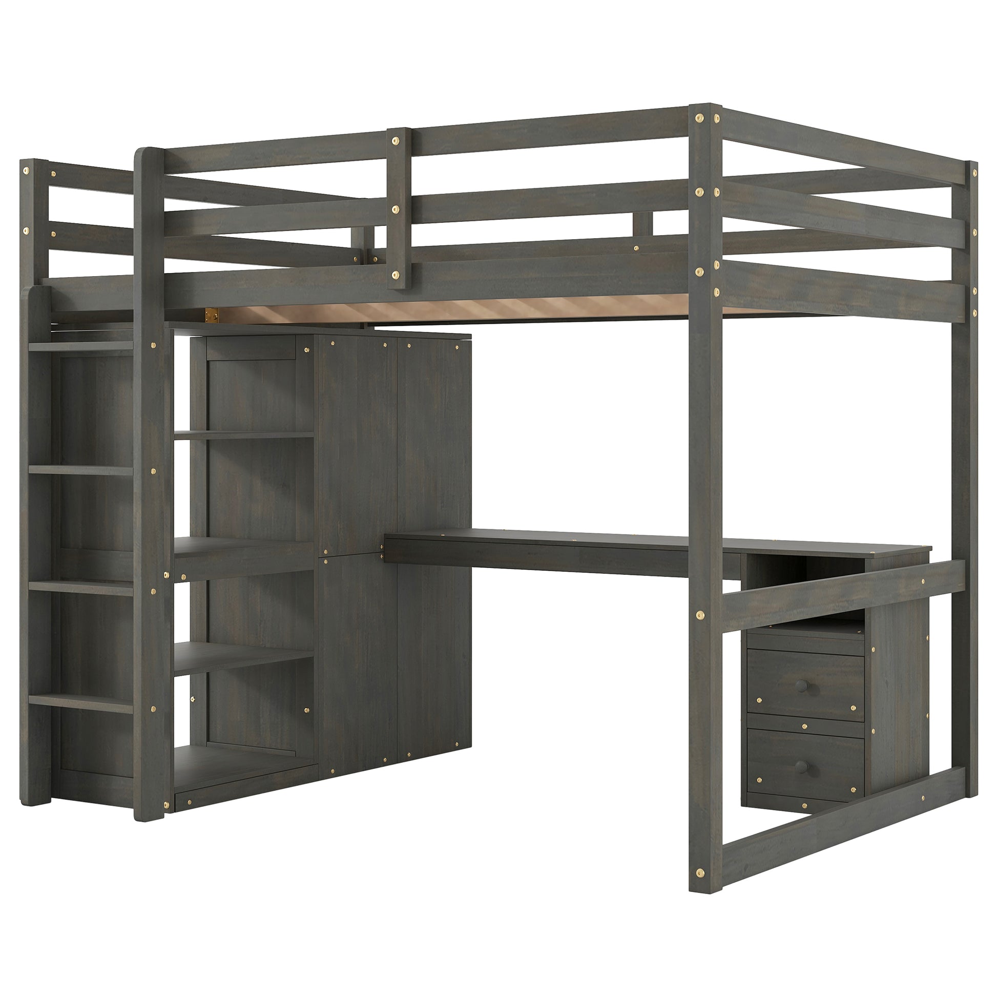 Wood Full Size Loft Bed With Built In Wardrobe, Desk, Storage Shelves And Drawers, Gray Box Spring Not Required Full Gray Wood Bedroom Solid Wood Mdf