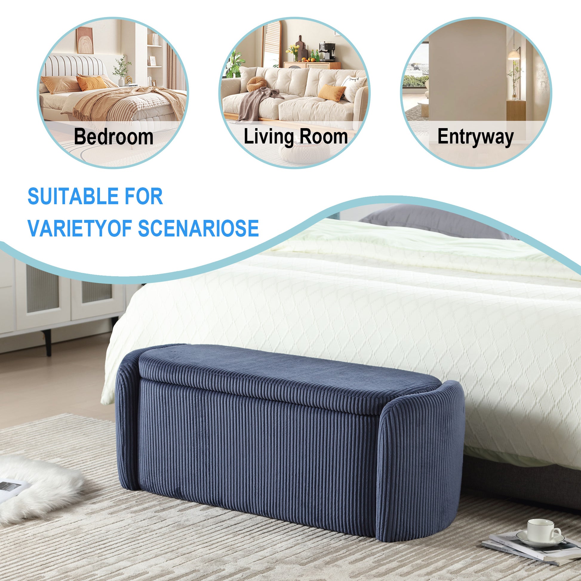 Coolmore Storage Ottoman,Bedroom End Bench,Upholstered Fabric Storage Ottoman With Safety Hinge, Entryway Padded Footstool, Ottoman Bench For Living Room & Bedroom Navy Navy Primary Living Space Foam Corduroy