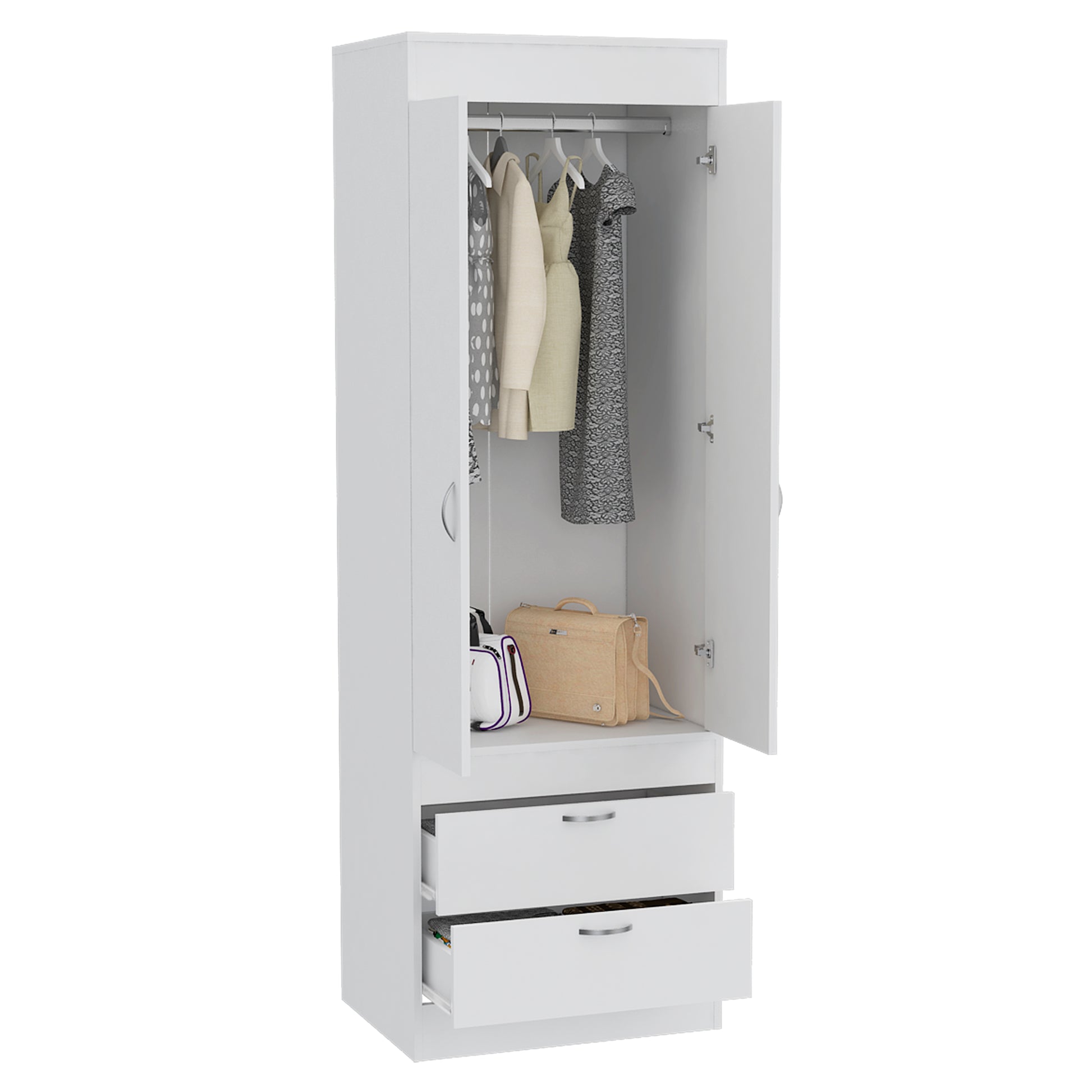 Lisboa Armoire, Rod, Double Door, Two Drawers, Metal Handles White White Bedroom Modern Particle Board Particle Board