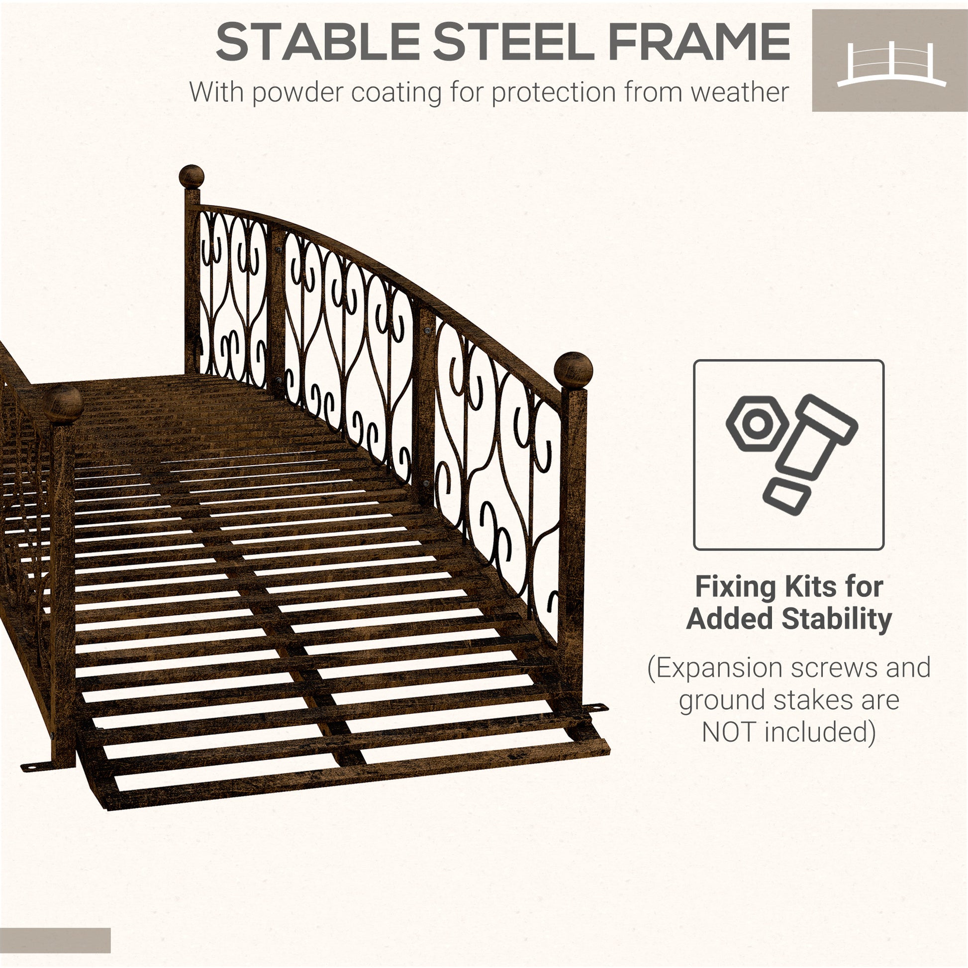 Outsunny 7' Metal Arch Garden Bridge With Safety Siderails, Decorative Arc Footbridge With Delicate Scrollwork "S" Motifs For Backyard Creek, Stream, Fish Pond, Bronze Bronze Steel