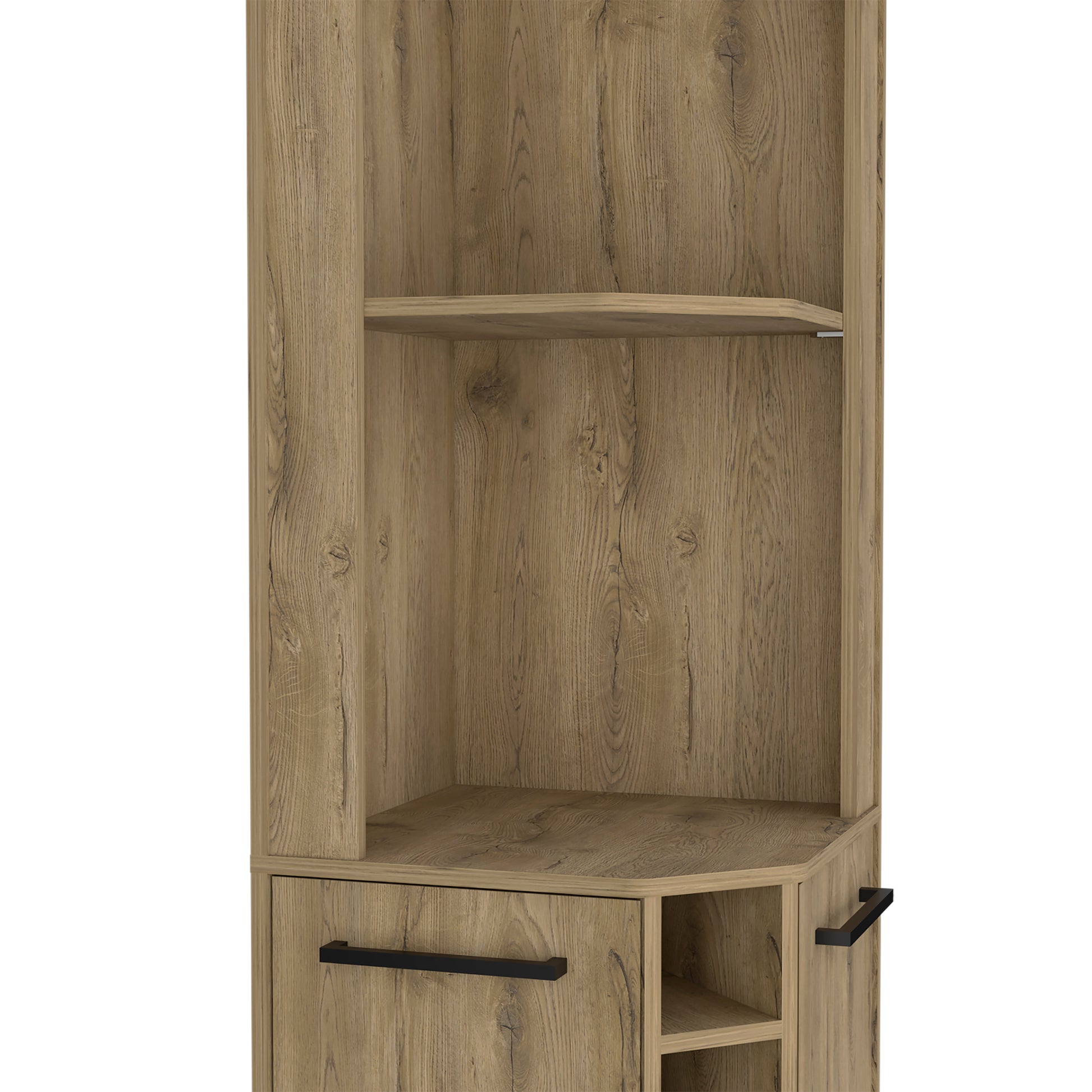 Hans Corner Bar Cabinet, Two Shelves, Five Built In Wine Rack Macadamia Oak Particle Board Particle Board