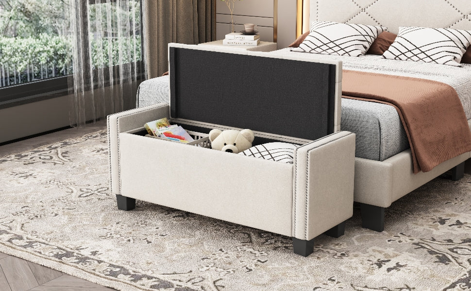 Upholstered Velvet Storage Ottoman Bench For Bedroom, End Of Bed Bench With Rivet Design, Tufted Foot Rest Stool,Beige Beige Beige Mdf