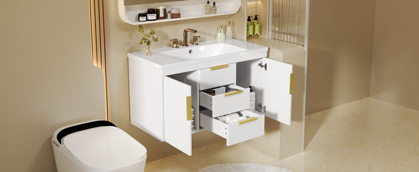 36'' Wall Mounted Bathroom Vanity With Resin Sink, Floating Bathroom Storage Cabinet With 2 Drawers, Solid Wood Bathroom Cabinet White Bathroom Modern Mdf