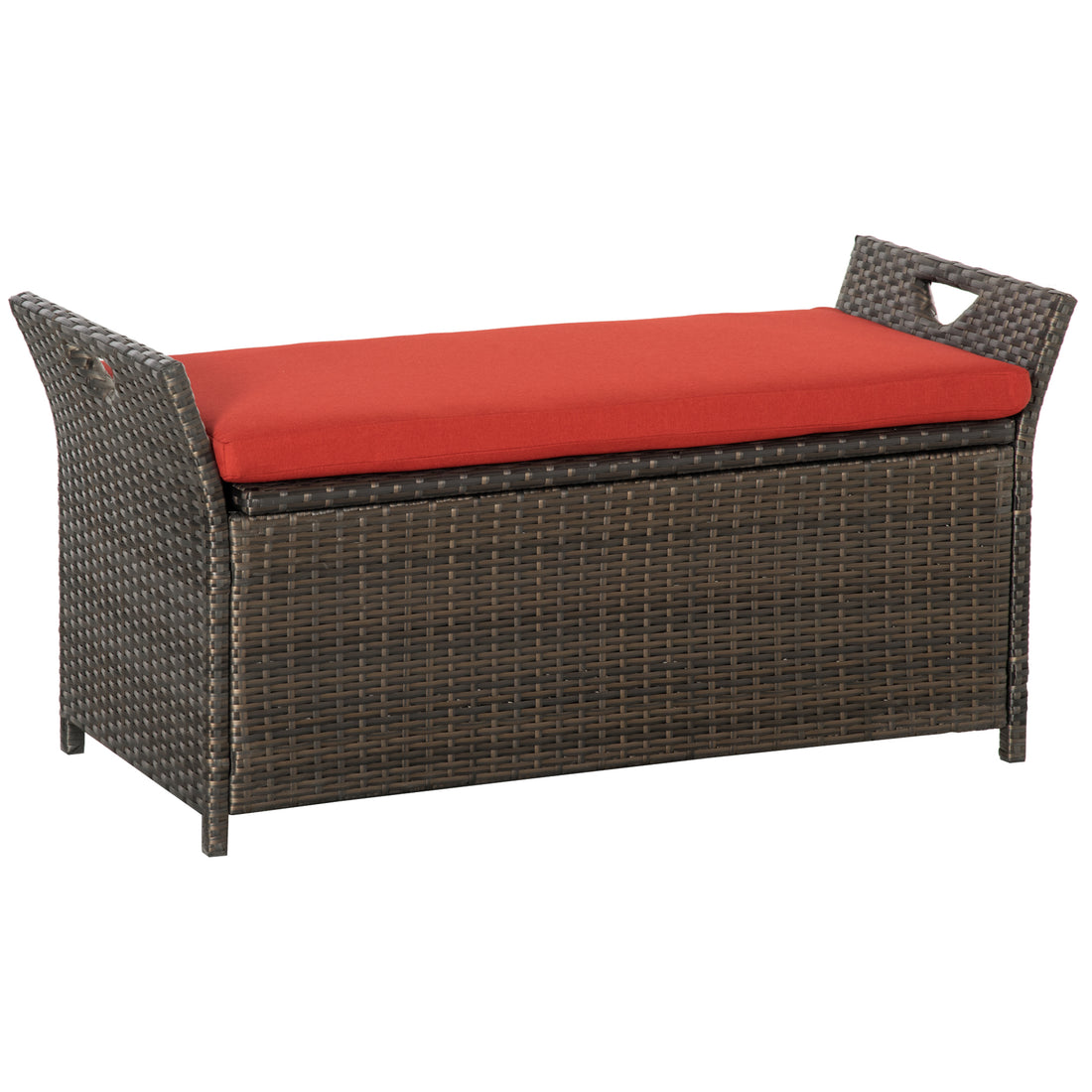 Outsunny 27 Gallon Patio Wicker Storage Bench, Outdoor Pe Rattan Patio Furniture, 2 In 1 Large Capacity Rectangle Garden Storage Box With Handles And Cushion, Red Red Steel