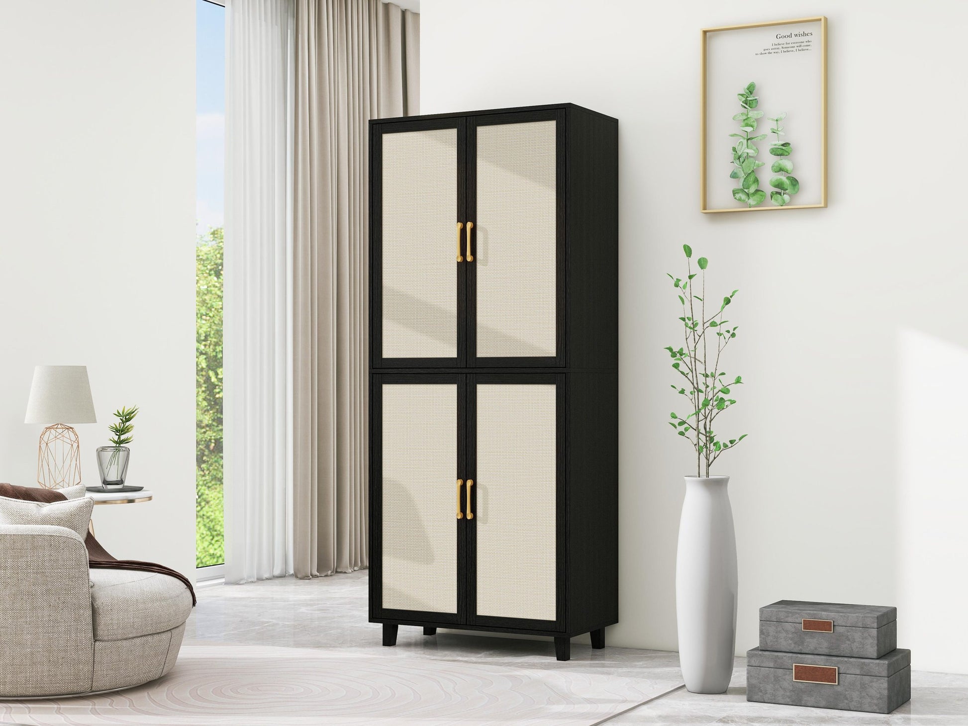 4 Door Cabinet, With 4 Adjustable Inner Shelves, Storage Cabinet Black Mdf