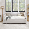 Full Size Daybed With Trundle Upholstered Sofa Bed, With Vertical Stripes, Linen Fabric, Beige 82.5