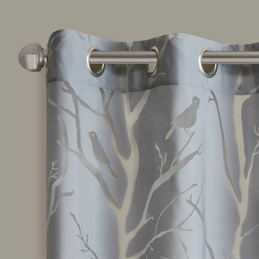 Grommet Top Sheer Bird On Branches Burnout Window Curtain Only 1 Pc Panel Grey Polyester